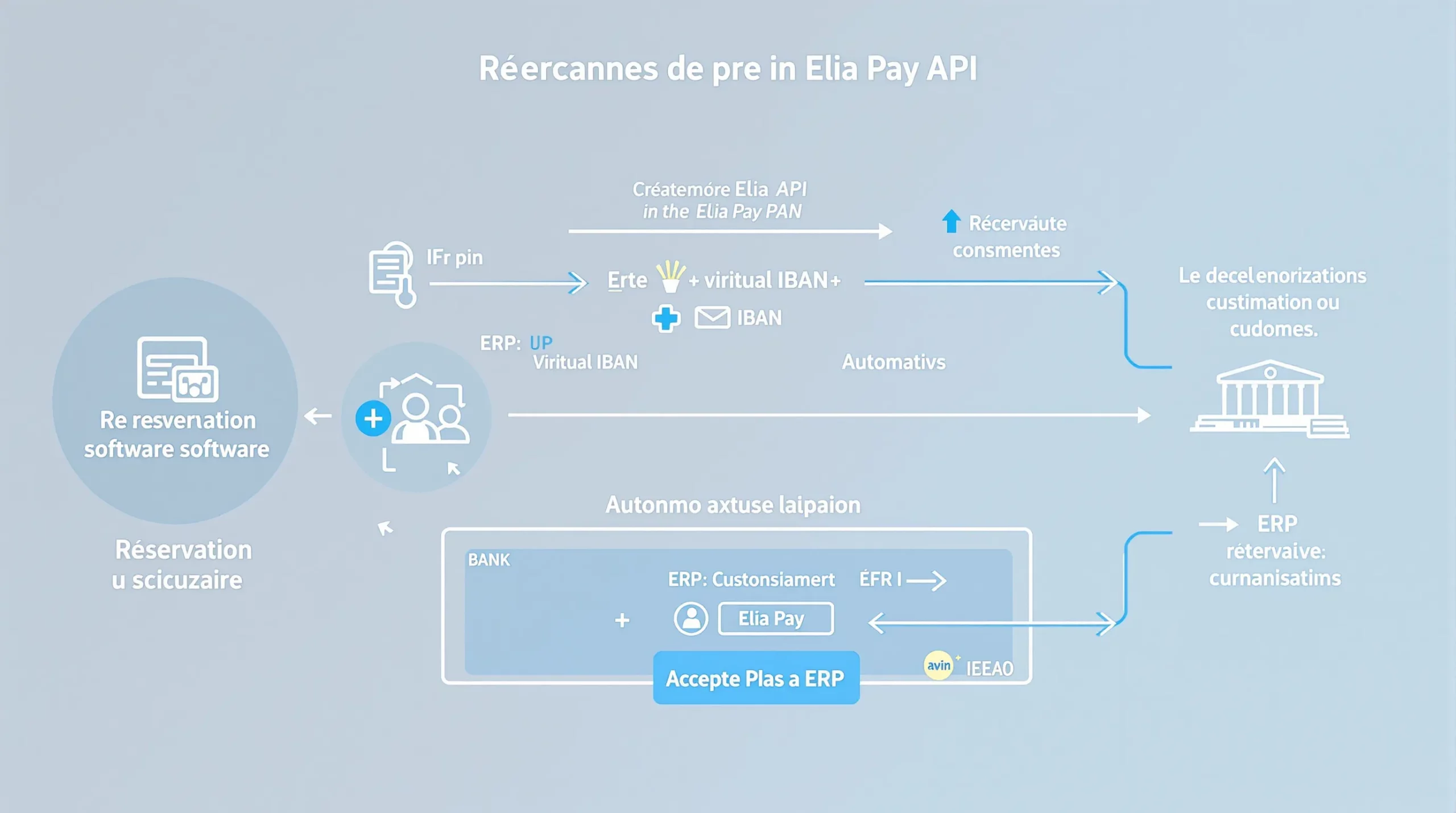 Diagramme simplifié montrant l’échange entre un logiciel de réservation, l’API Elia Pay et la banque, avec création d’un IBAN virtuel, réception d’un virement client, puis mise à jour automatique du statut payé dans l’ERP.