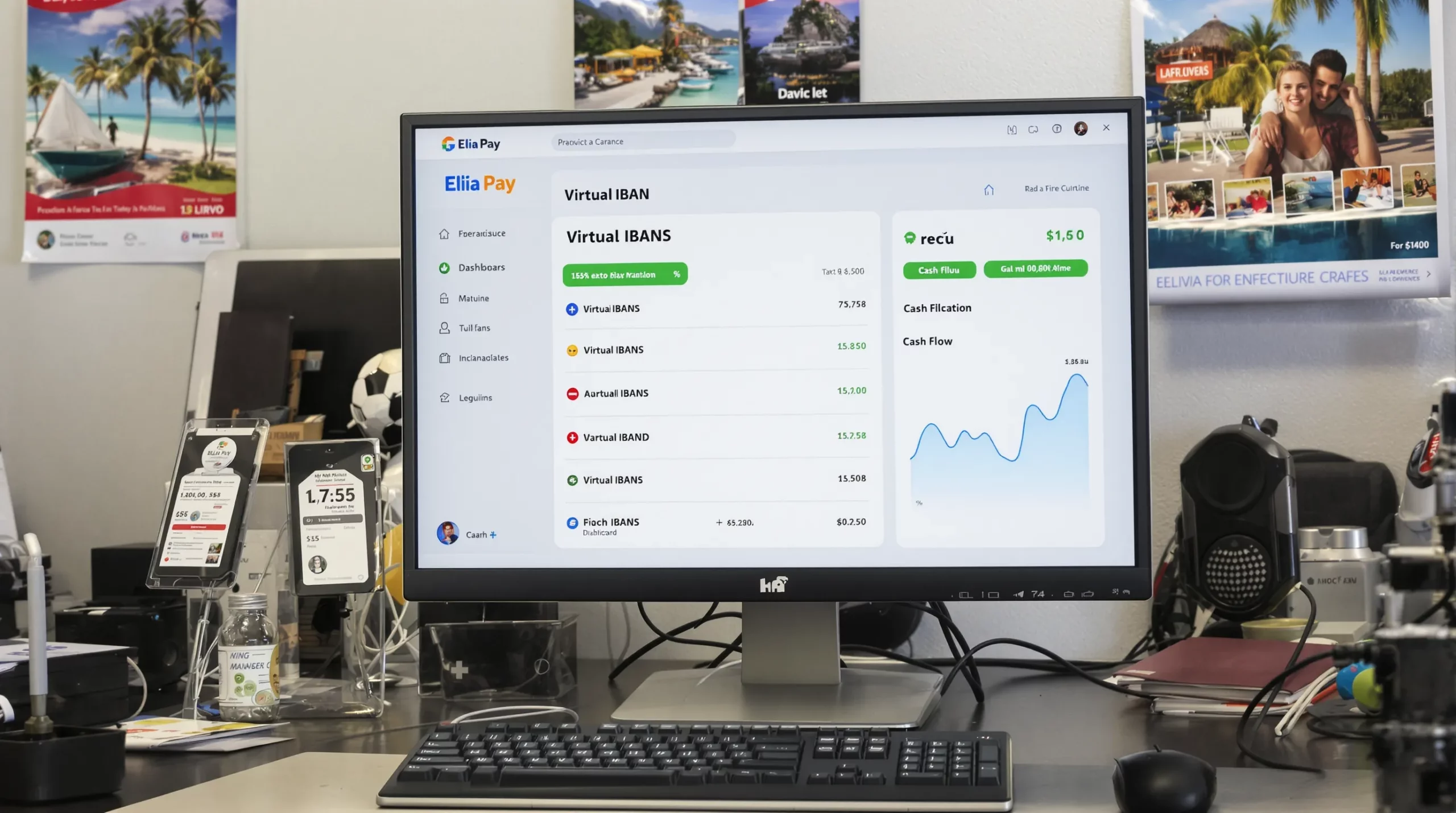 Écran d’ordinateur montrant un tableau de bord Elia Pay avec la liste des IBAN virtuels, indicateur vert “reçu”, et graphique de cash-flow positif. Le bureau est celui d’une petite agence de voyage, affiches de destinations en arrière-plan.