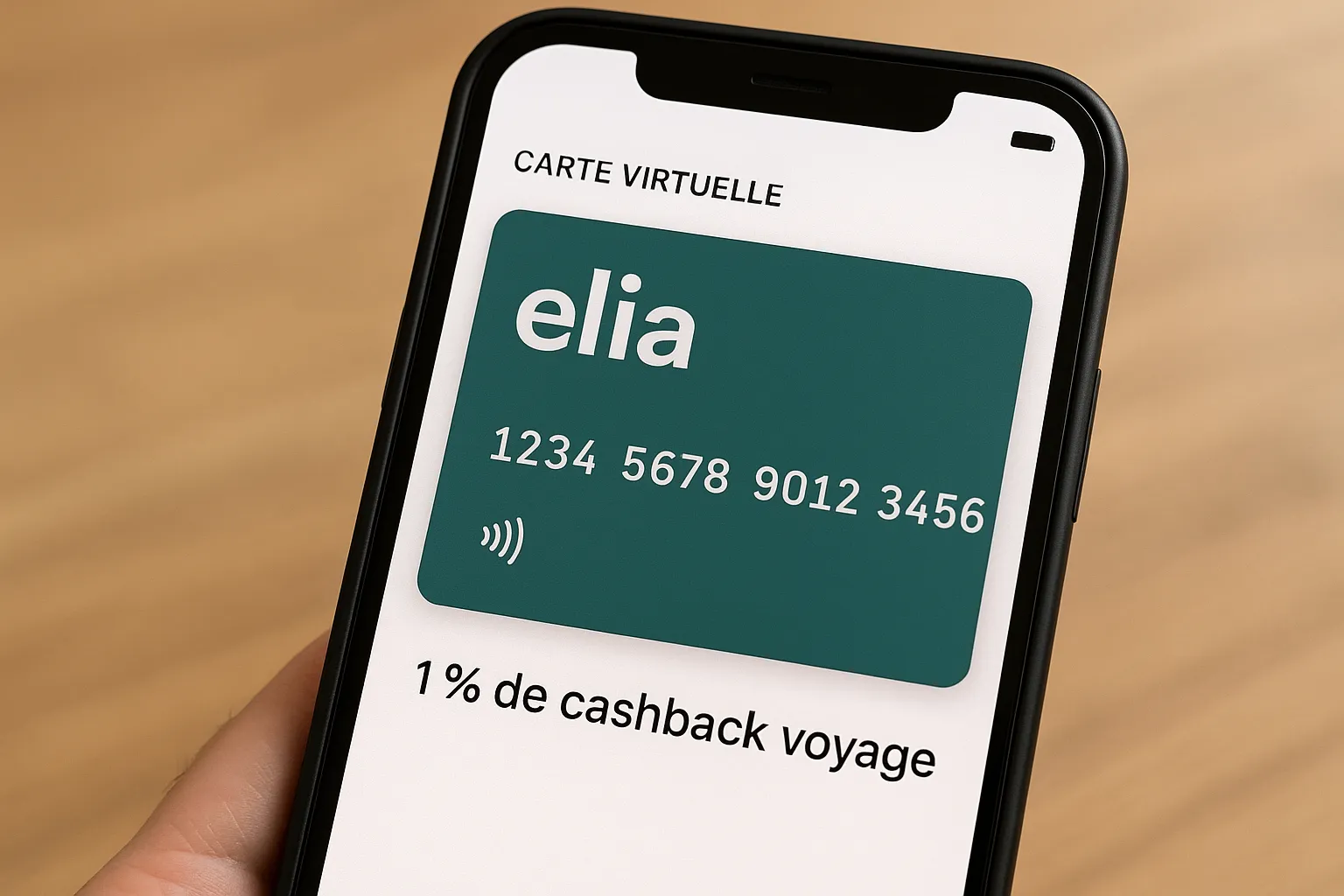 Gros plan sur une carte virtuelle Elia affichée sur un smartphone, avec un code unique et la mention 