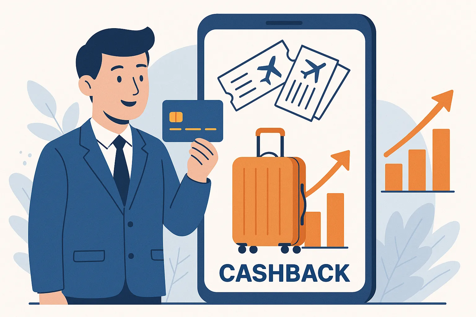 Illustration d’un agent tenant une carte virtuelle sur un smartphone, des billets d’avion et une valise apparaissent à l’écran, tandis qu’un graphique en hausse montre les économies réalisées grâce au cashback.