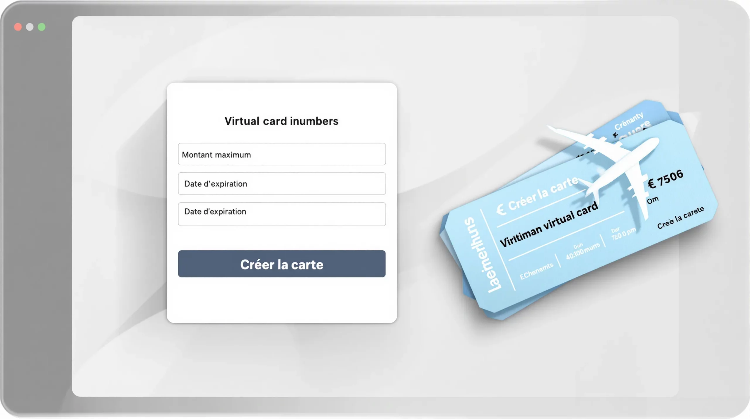 Illustration montrant une interface d’application générant instantanément un numéro de carte virtuelle, avec champ “Montant maximum”, “Date d’expiration” et bouton “Créer la carte”. À côté, un billet d’avion stylisé souligne la destination voyage.