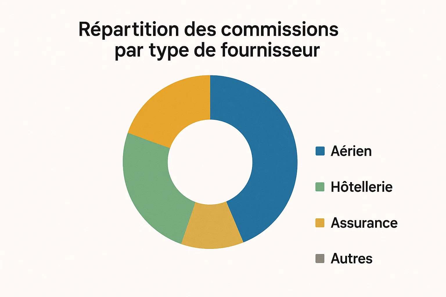Illustration : représentation d’un graphique circulaire montrant la répartition des commissions par type de fournisseur (aérien, hôtellerie, assurance, autres) sur fond blanc épuré.