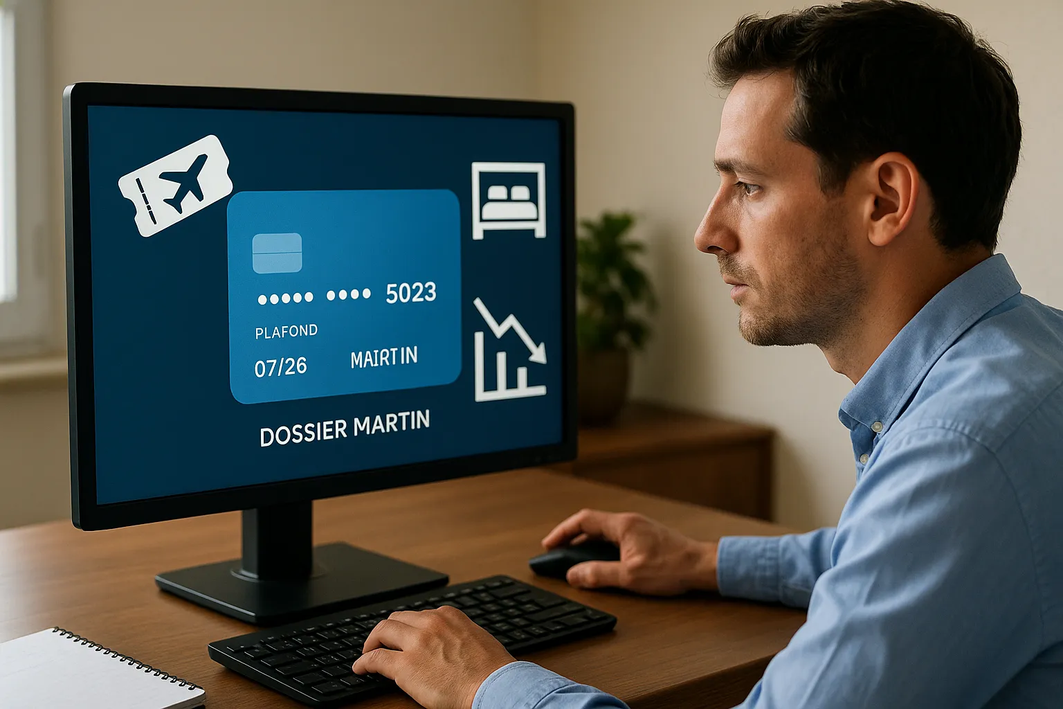 Illustration montrant un agent de voyages créant instantanément une carte virtuelle sur son ordinateur : à l’écran, on voit le numéro de carte masqué, le plafond, la date d’expiration et le nom du dossier client ; autour, des pictogrammes de billets d’avion, de chambres d’hôtel et d’un graphique de baisse des coûts.