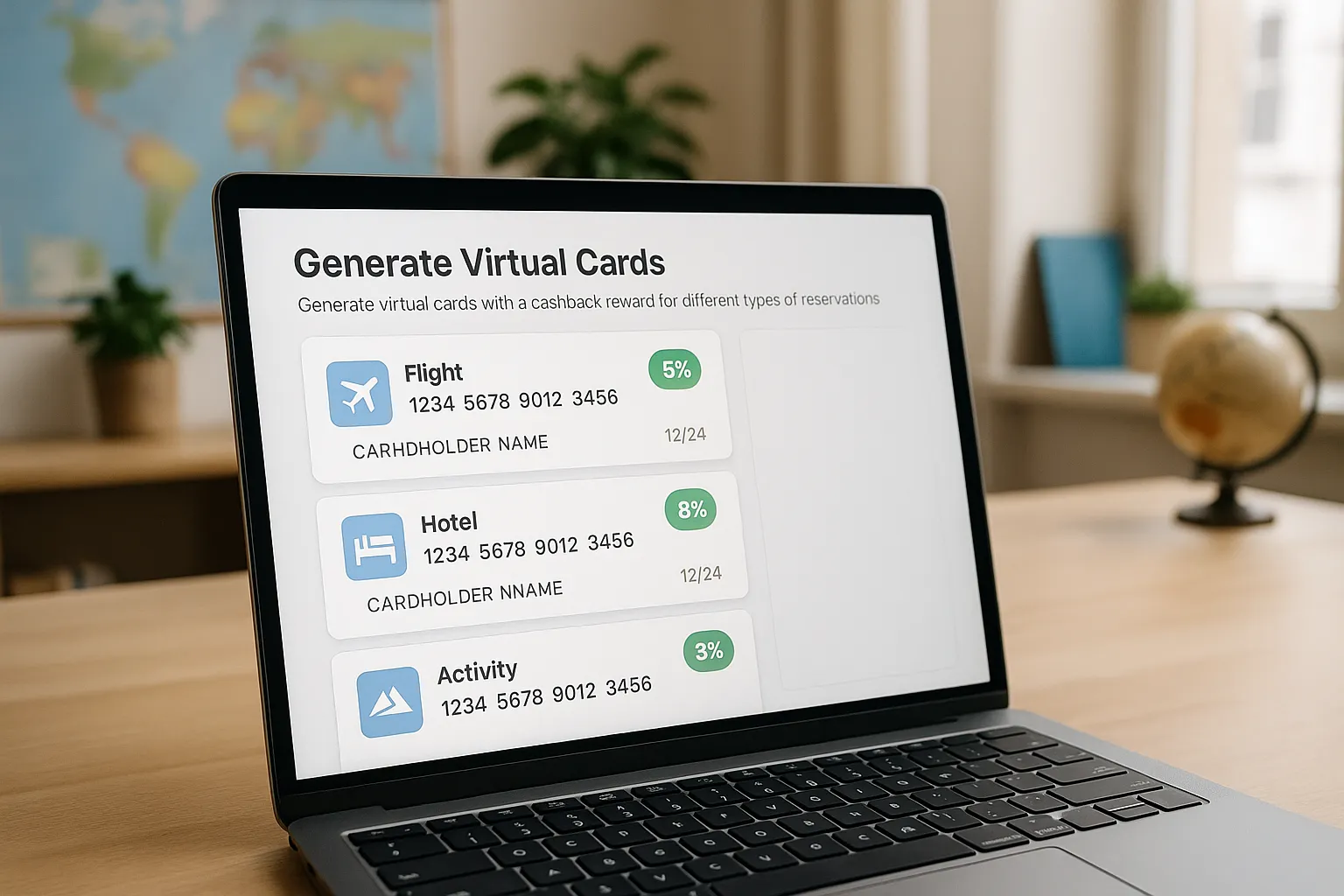 Illustration montrant une interface SaaS générant des cartes virtuelles pour différentes réservations (vol, hôtel, activité) avec à chaque fois un pourcentage de cashback affiché, sur fond de bureau d’une agence de voyages.