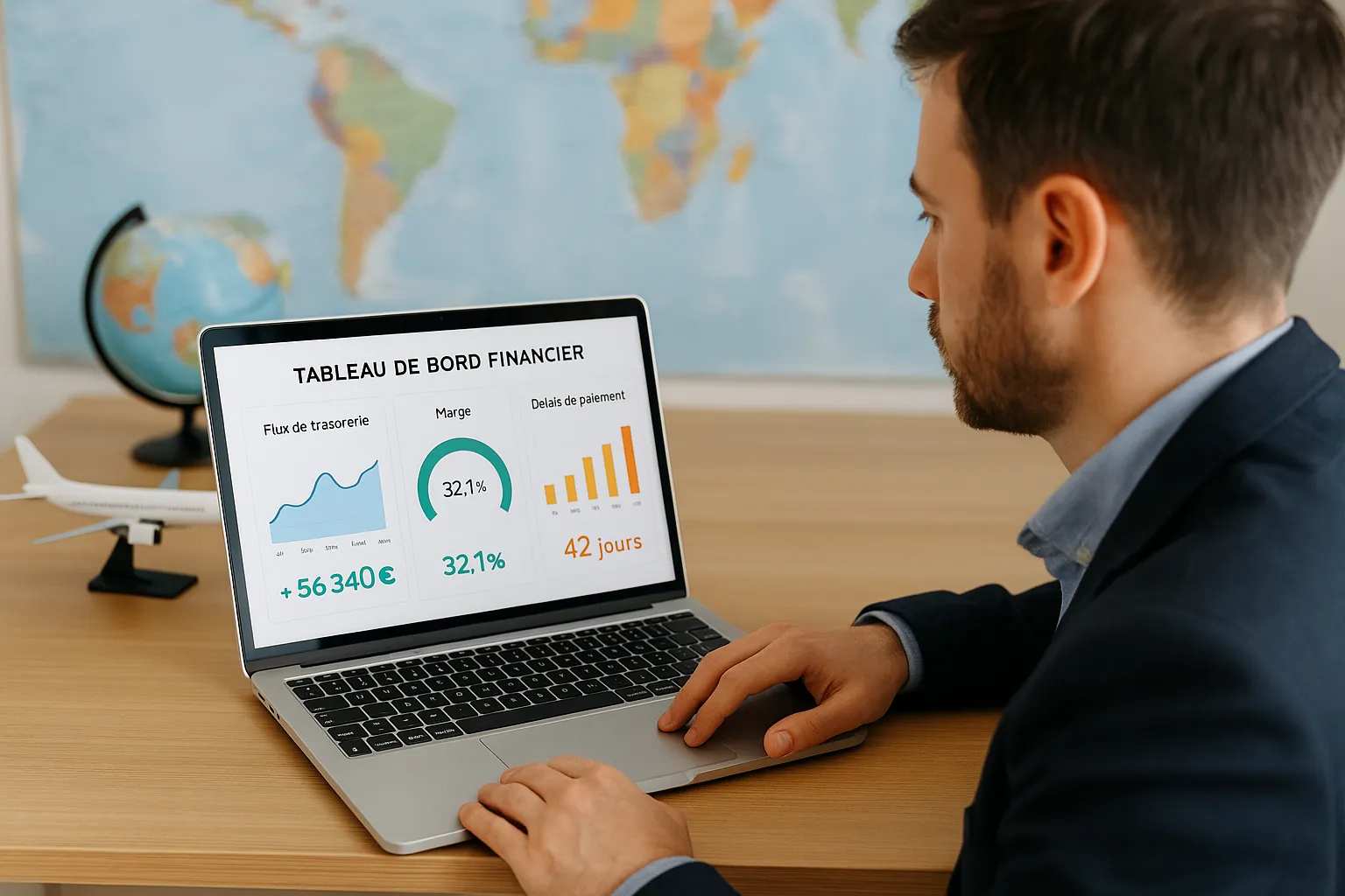 Illustration d’un tableau de bord financier affichant le suivi des indicateurs : flux de trésorerie, marge, délais de paiement, avec un agent de voyages consultant les données sur un ordinateur portable.