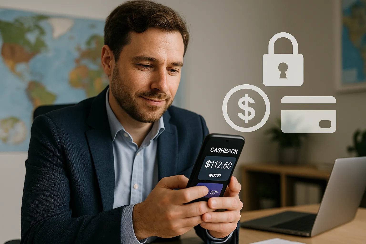 Un agent de voyages vérifie sur son smartphone le cashback obtenu après avoir réglé un hôtel avec une carte virtuelle ; en arrière-plan, des icônes de sécurité et de devise illustrent la maîtrise des paiements.