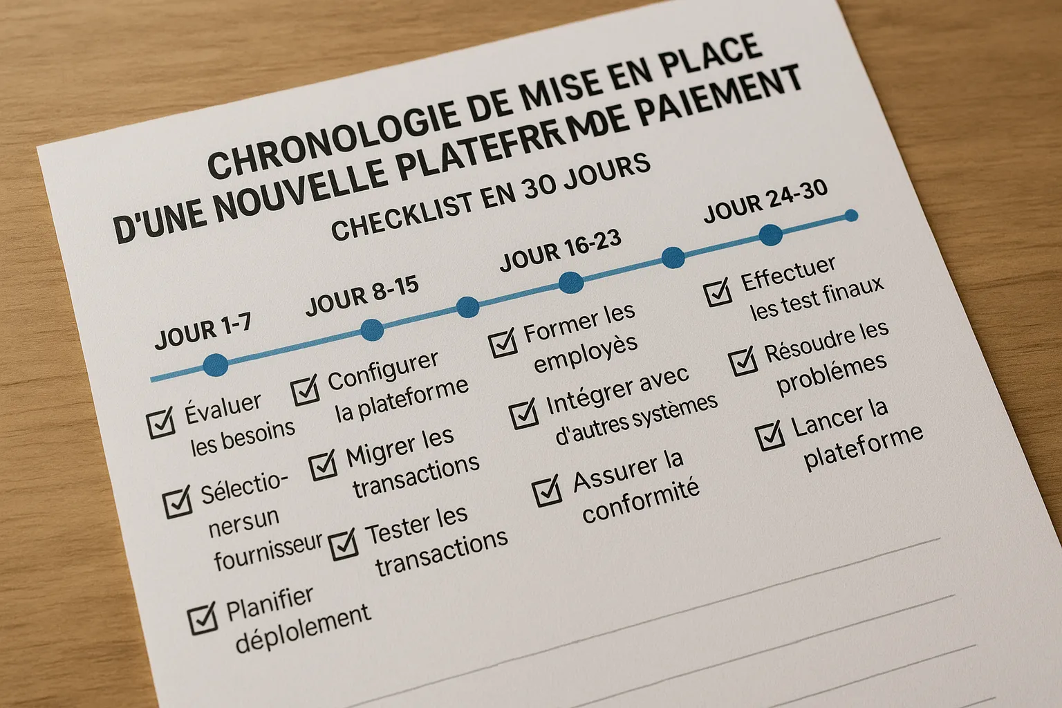 Infographie : chronologie de mise en place d’une nouvelle plateforme de paiement – checklist en 30 jours.