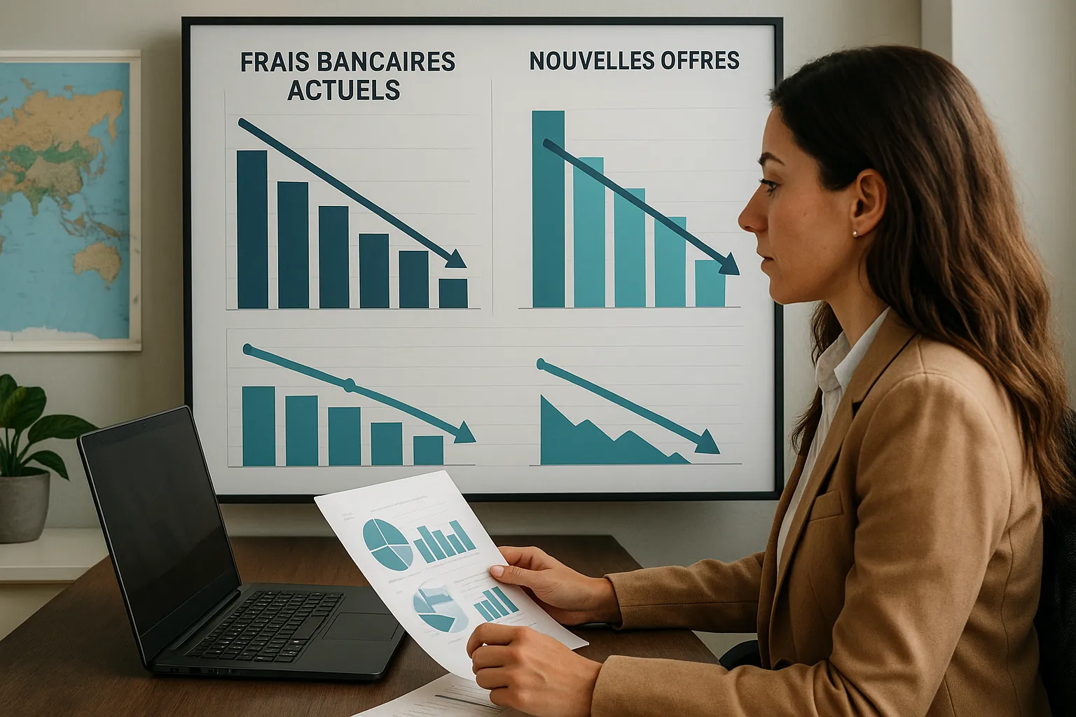 Illustration montrant une agente de voyage devant un tableau de bord financier, comparant les frais bancaires actuels et les nouvelles offres, avec des graphiques en baisse pour symboliser les économies.