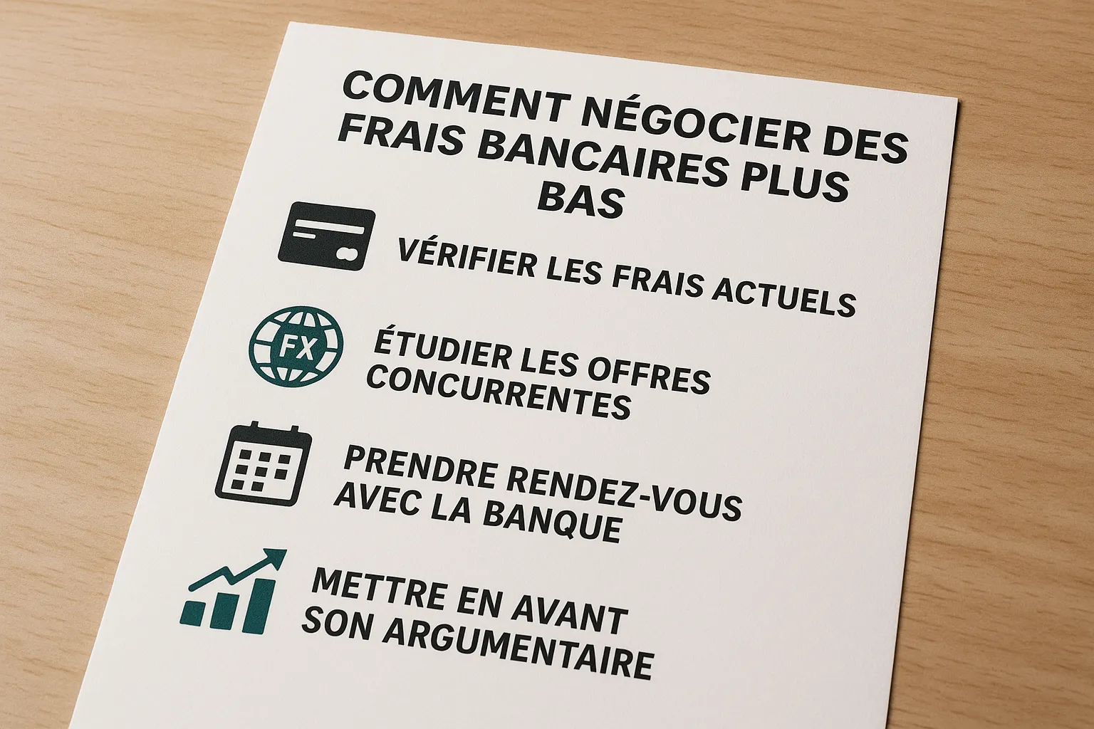Infographie style checklist, avec des icônes de carte bancaire, globe FX, calendrier et graphique de croissance, illustrant les étapes clés pour négocier des frais bancaires plus bas.