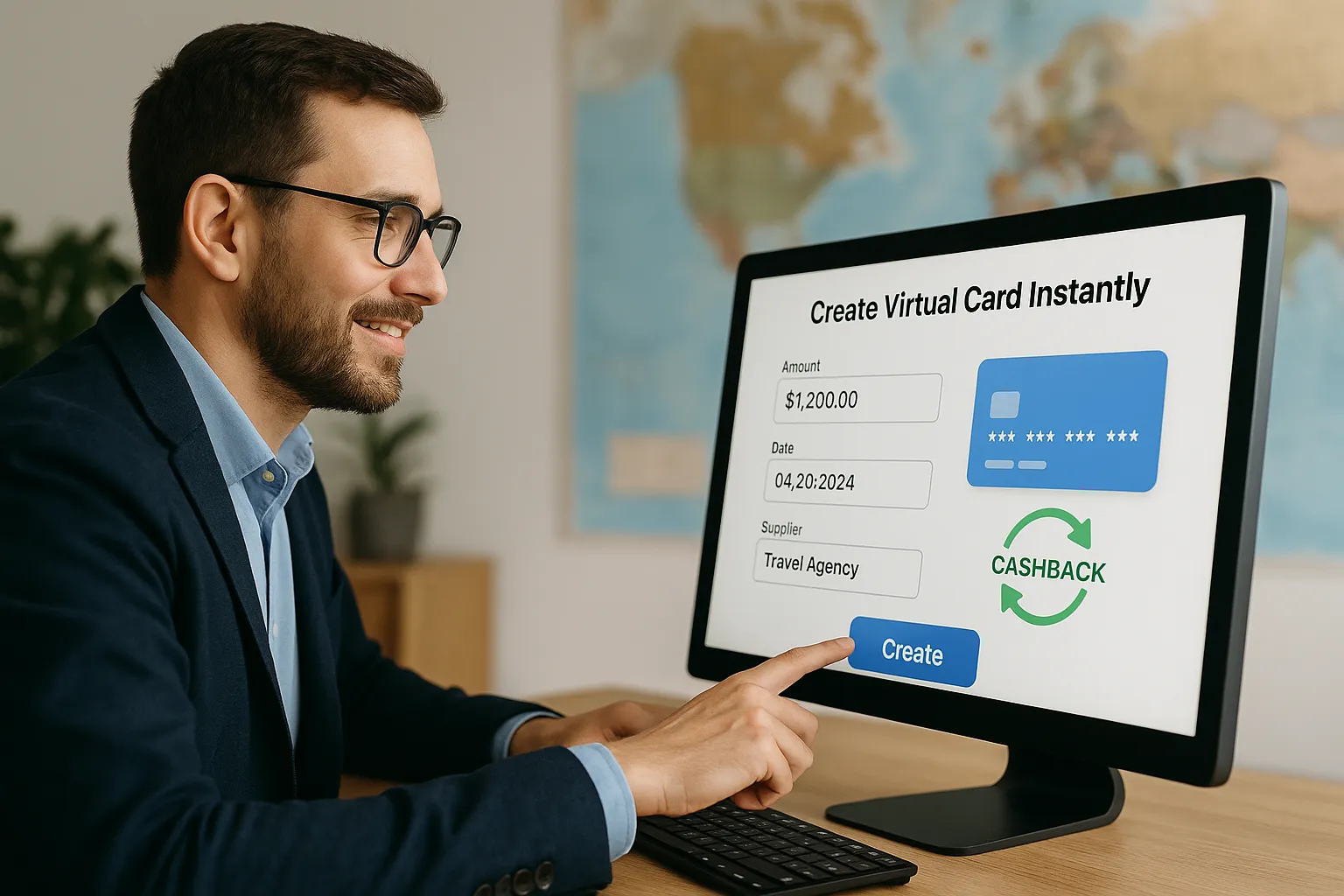 Illustration montrant un agent de voyages créant instantanément une carte virtuelle sur son ordinateur ; à l’écran, on voit des paramètres de montant, date, fournisseur et un indicateur de cashback en rotation.