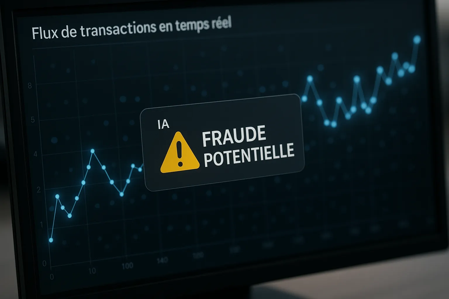 Un graphique en temps réel montrant un flux de transactions avec, au premier plan, un indicateur « Fraude potentielle » mis en évidence par une IA.