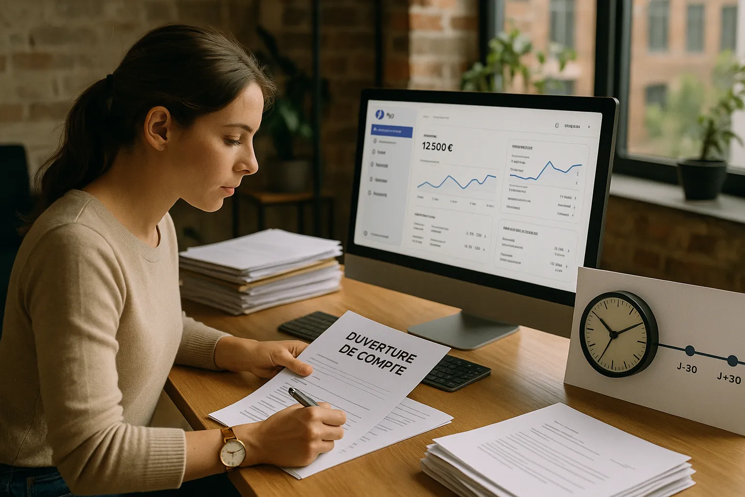 Illustration d’un bureau de start-up où une fondatrice prépare un dossier d’ouverture de compte : piles de documents, ordinateur affichant un tableau de bord Elia Pay, et une montre pointant sur le rétro-planning J-30 → J+60.