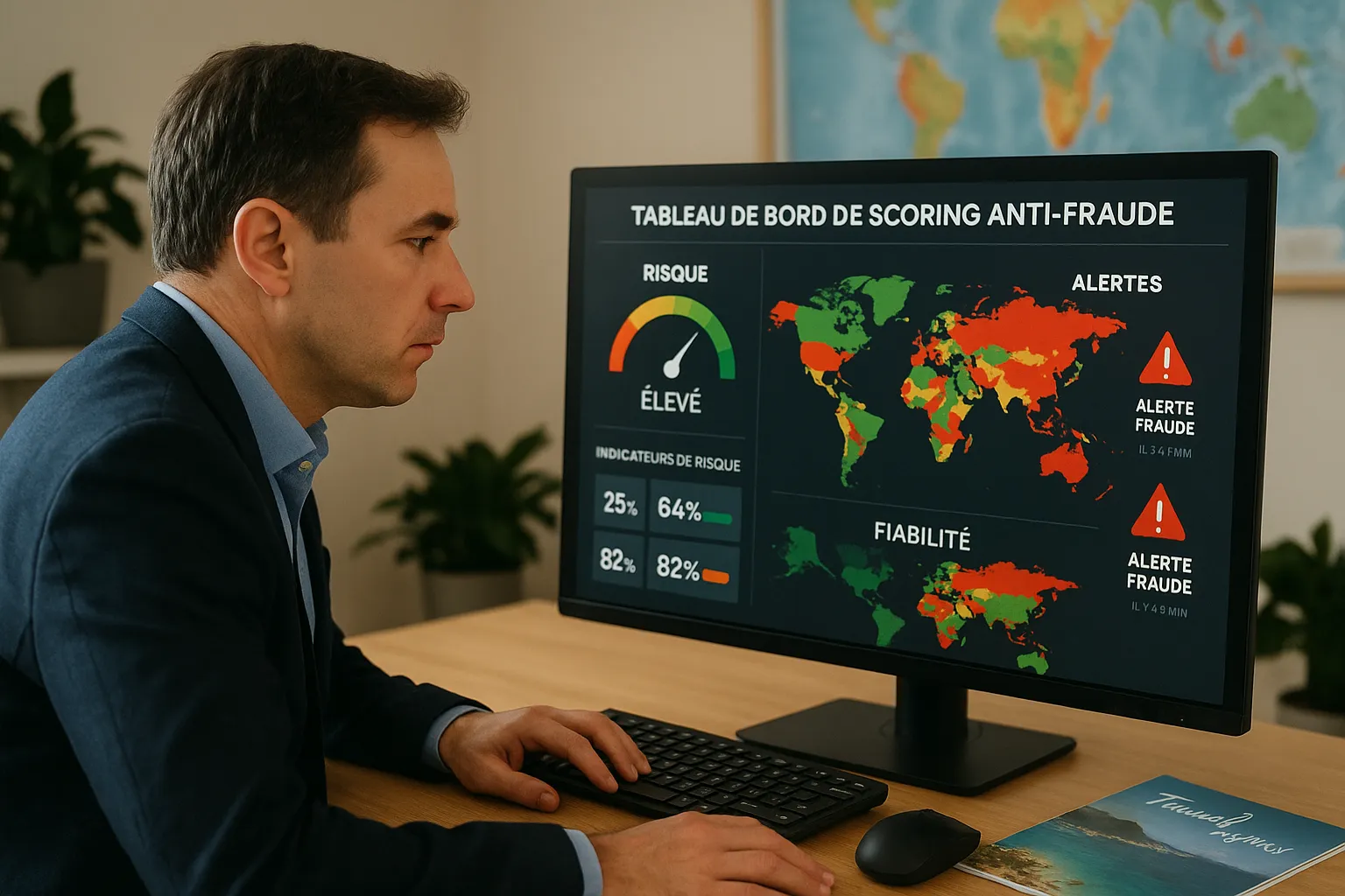 Vue d’un agent de voyage analysant un tableau de bord de scoring anti-fraude : indicateurs de risque, cartes du monde colorées selon la fiabilité, et alertes en temps réel.