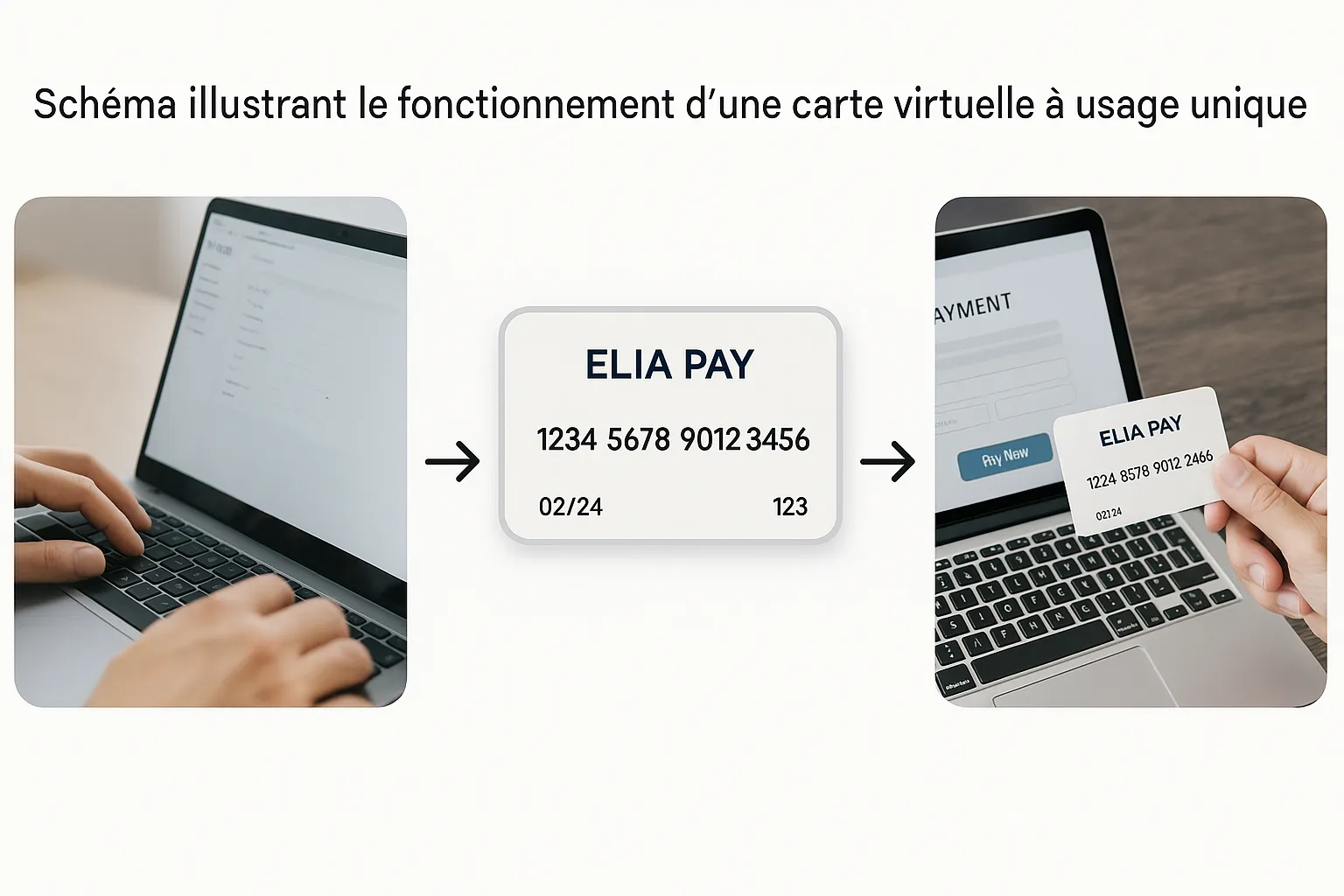 Schéma illustrant le fonctionnement d’une carte virtuelle à usage unique : création dans le back-office Elia Pay, envoi au fournisseur, expiration après paiement.