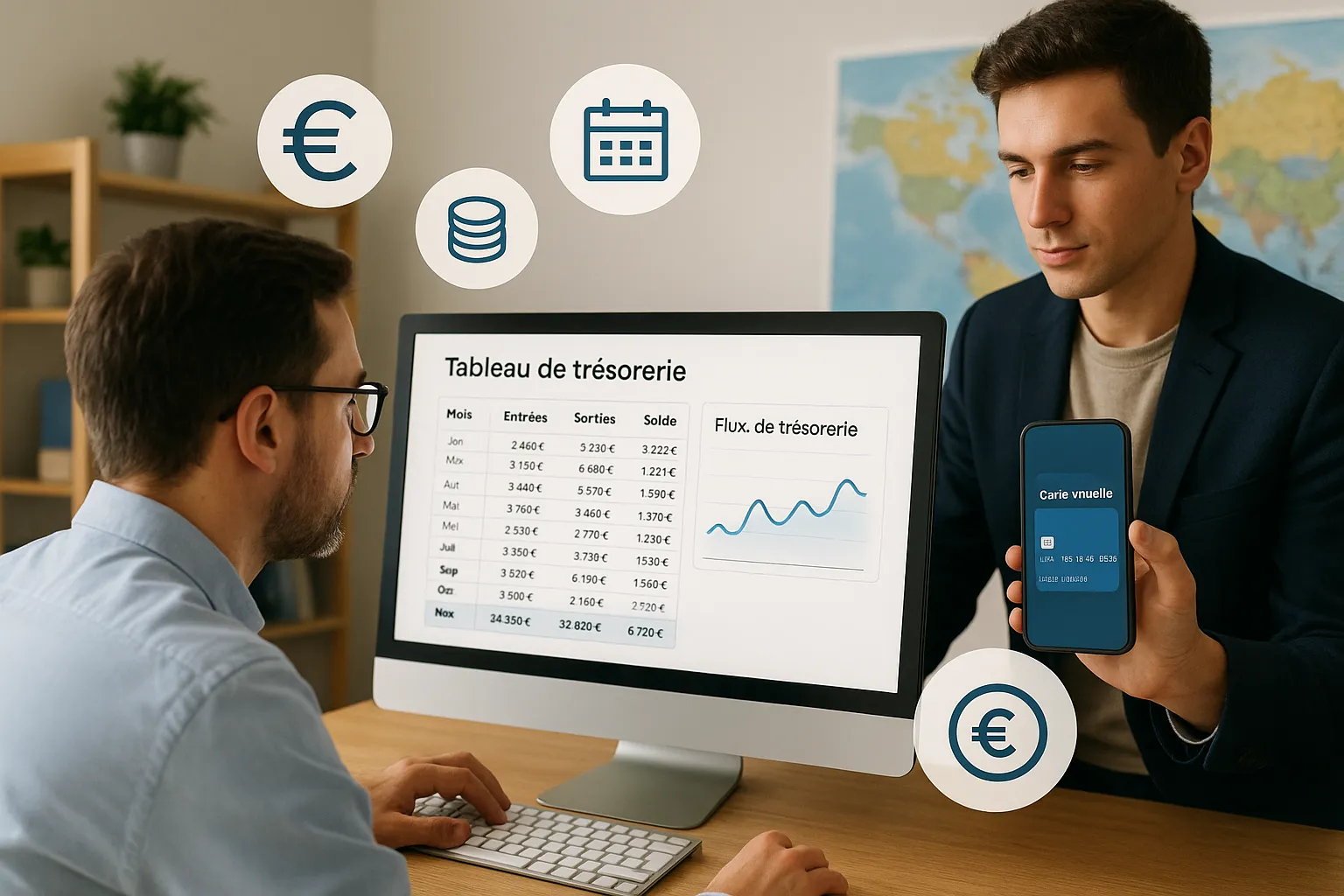Illustration montrant un propriétaire d’agence de voyages analysant un tableau de trésorerie sur un écran, pendant qu’un collègue génère une carte virtuelle sur son smartphone. Des icônes de devise, un calendrier et un graphique de flux de trésorerie entourent la scène.