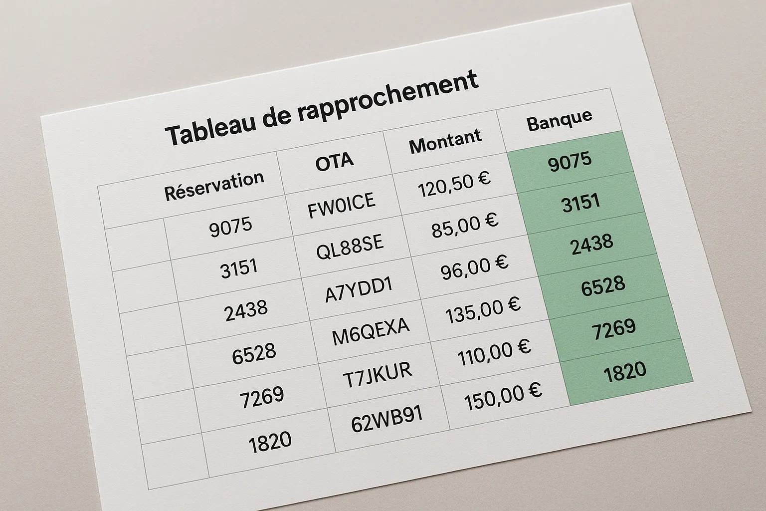 Visuel montrant un tableau de rapprochement Elia avec colonnes « Réservation », « OTA », « Montant », « Banque », et des cases vertes automatiquement appairées.