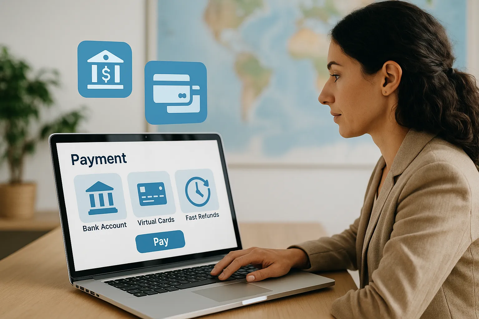 Illustration d'une agente de voyages utilisant un tableau de bord de paiement sur son ordinateur portable ; des icônes représentent un compte bancaire, des cartes virtuelles et une horloge symbolisant la rapidité des remboursements.