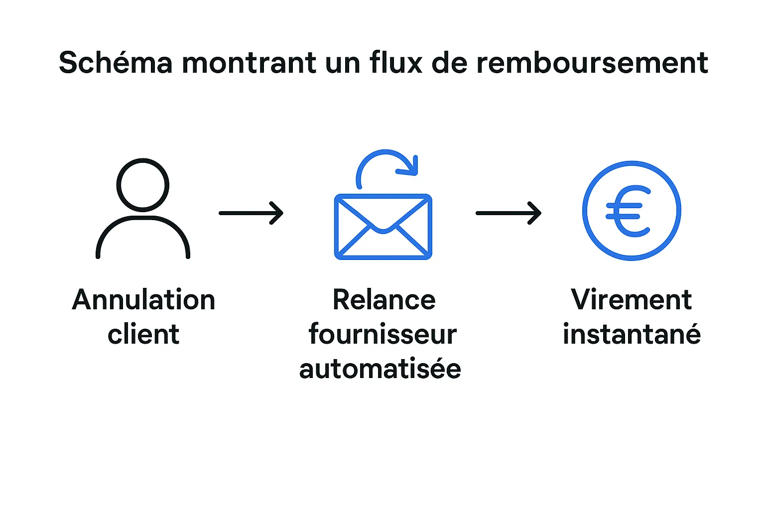 Schéma montrant un flux de remboursement : de l’annulation client à la relance fournisseur automatisée, jusqu’au virement instantané.