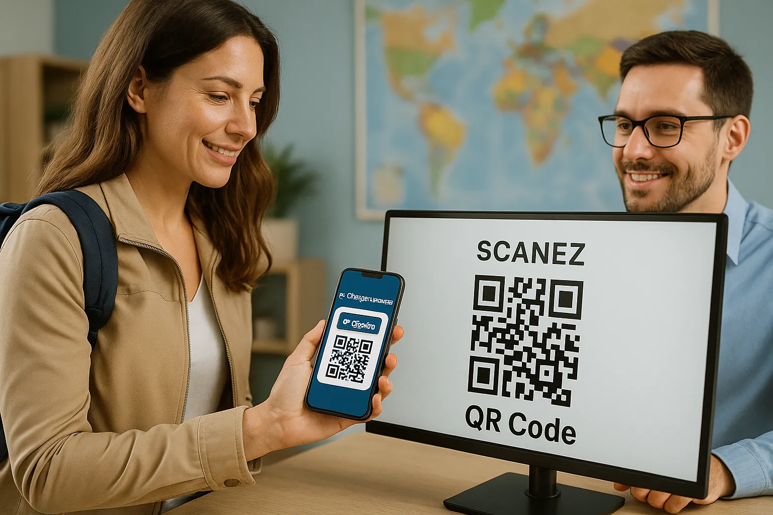 Une voyageuse valide son séjour en scannant un QR Code de e-Chèque-Vacances sur son smartphone, face à l’écran d’un conseiller en agence. La scène met en avant la rapidité et la modernité du paiement.