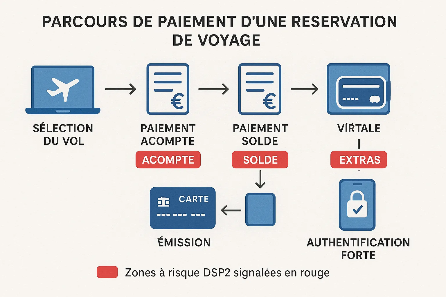 Infographie détaillant le parcours de paiement d'une réservation de voyage : de la sélection du vol à l'authentification forte du client, en passant par l'émission d'une carte virtuelle pour payer le fournisseur. Les zones à risque DSP2 (acompte, solde, extras) sont signalées en rouge.