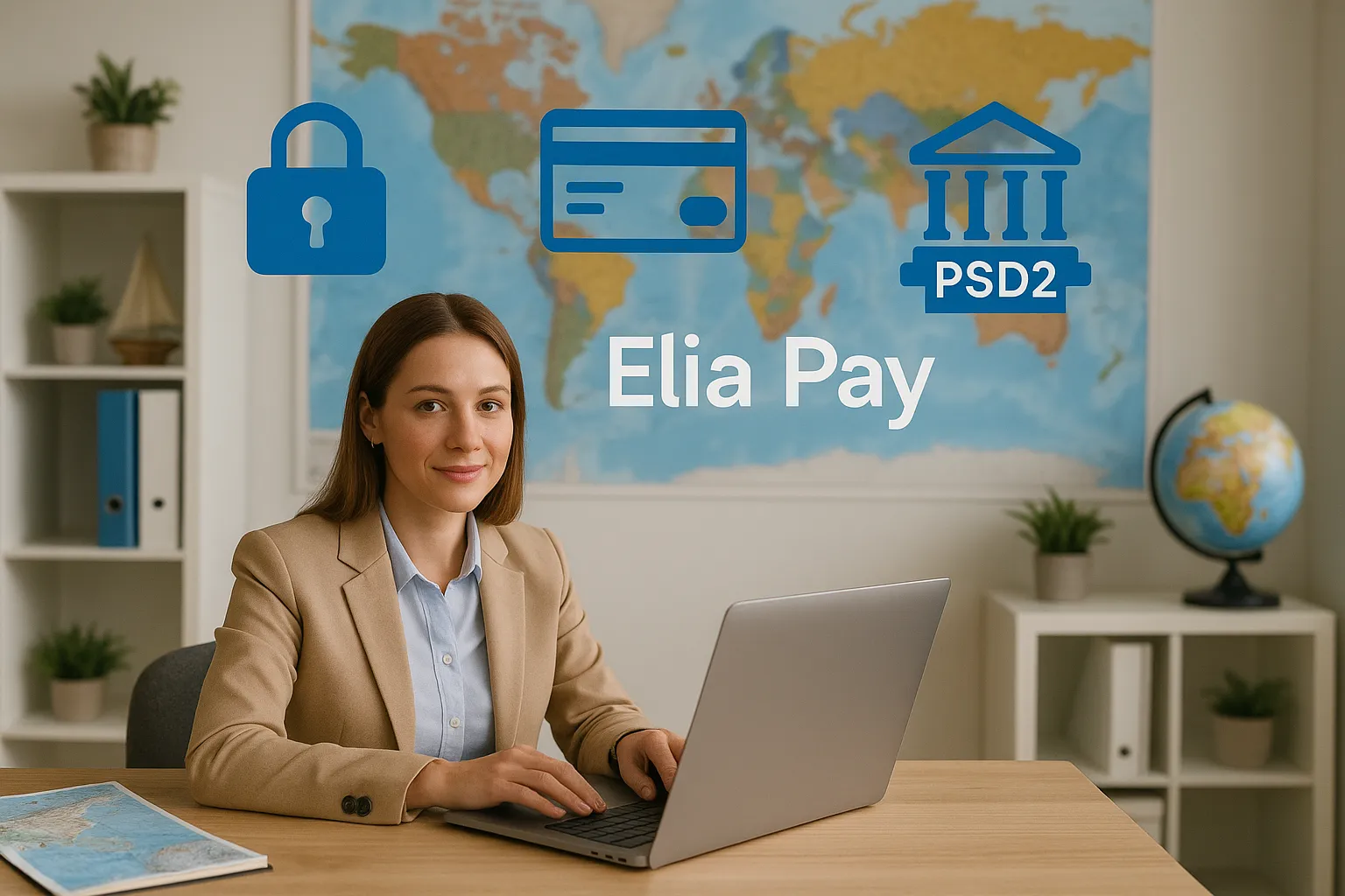 Illustration représentant une agence de voyages devant son ordinateur, entourée d’icônes de cadenas, de cartes virtuelles et de symboles d’open banking, symbolisant la conformité DSP2 grâce à Elia Pay.