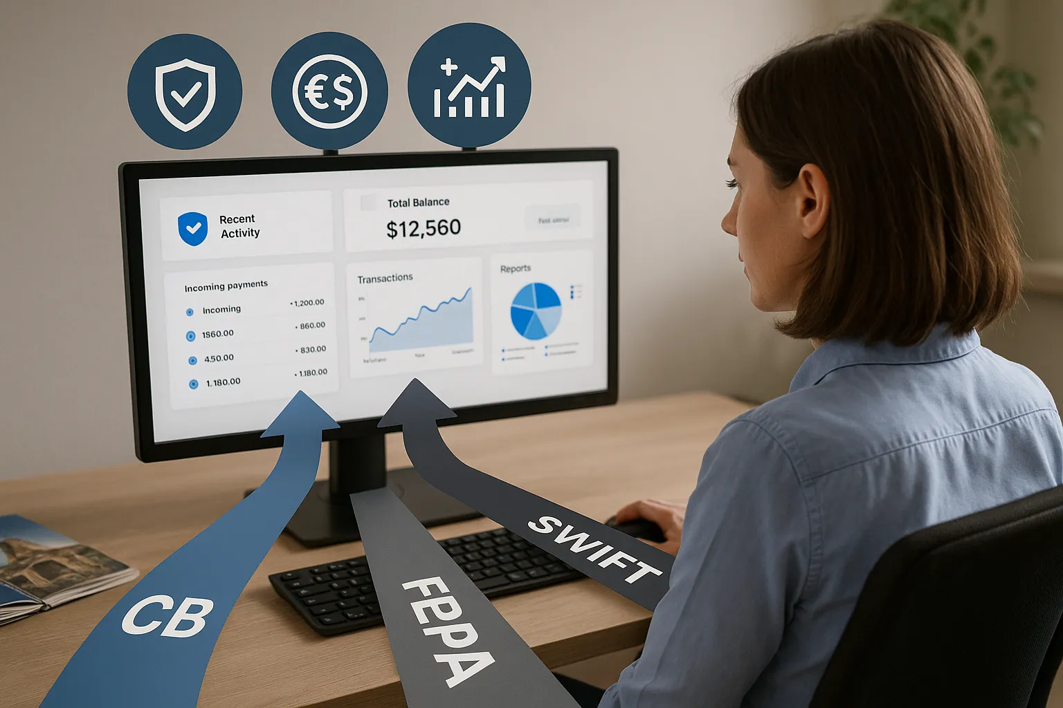 Infographie illustrant trois rails de paiement (CB, SEPA, SWIFT) convergeant vers un tableau de bord unique destiné à une agente de voyages, avec des icônes de sécurité, de devises, et de rapports financiers en temps réel.
