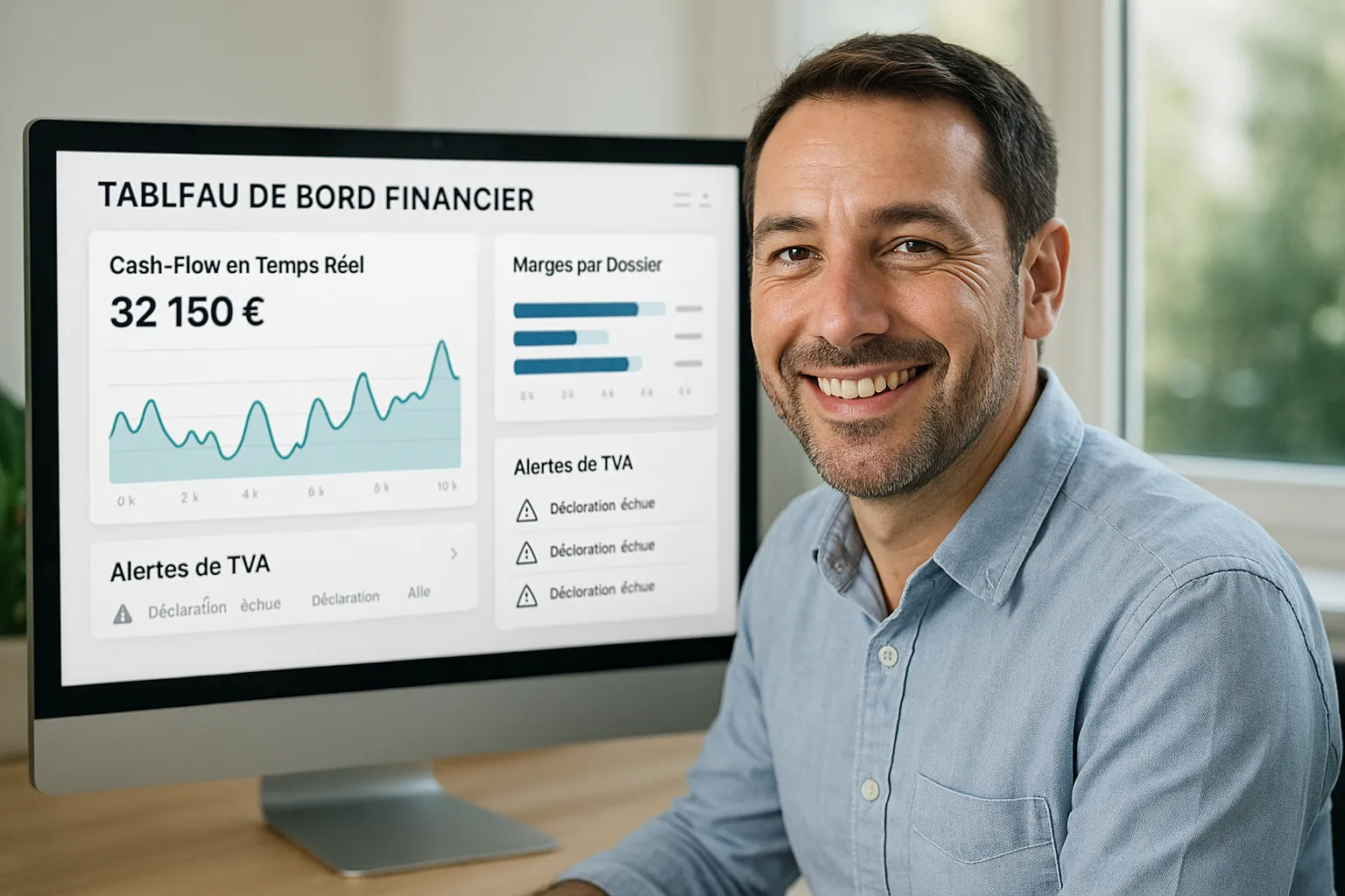 Un tableau de bord financier moderne affichant cash-flow en temps réel, marges par dossier et alertes de TVA, avec un agent de voyage qui sourit satisfait.