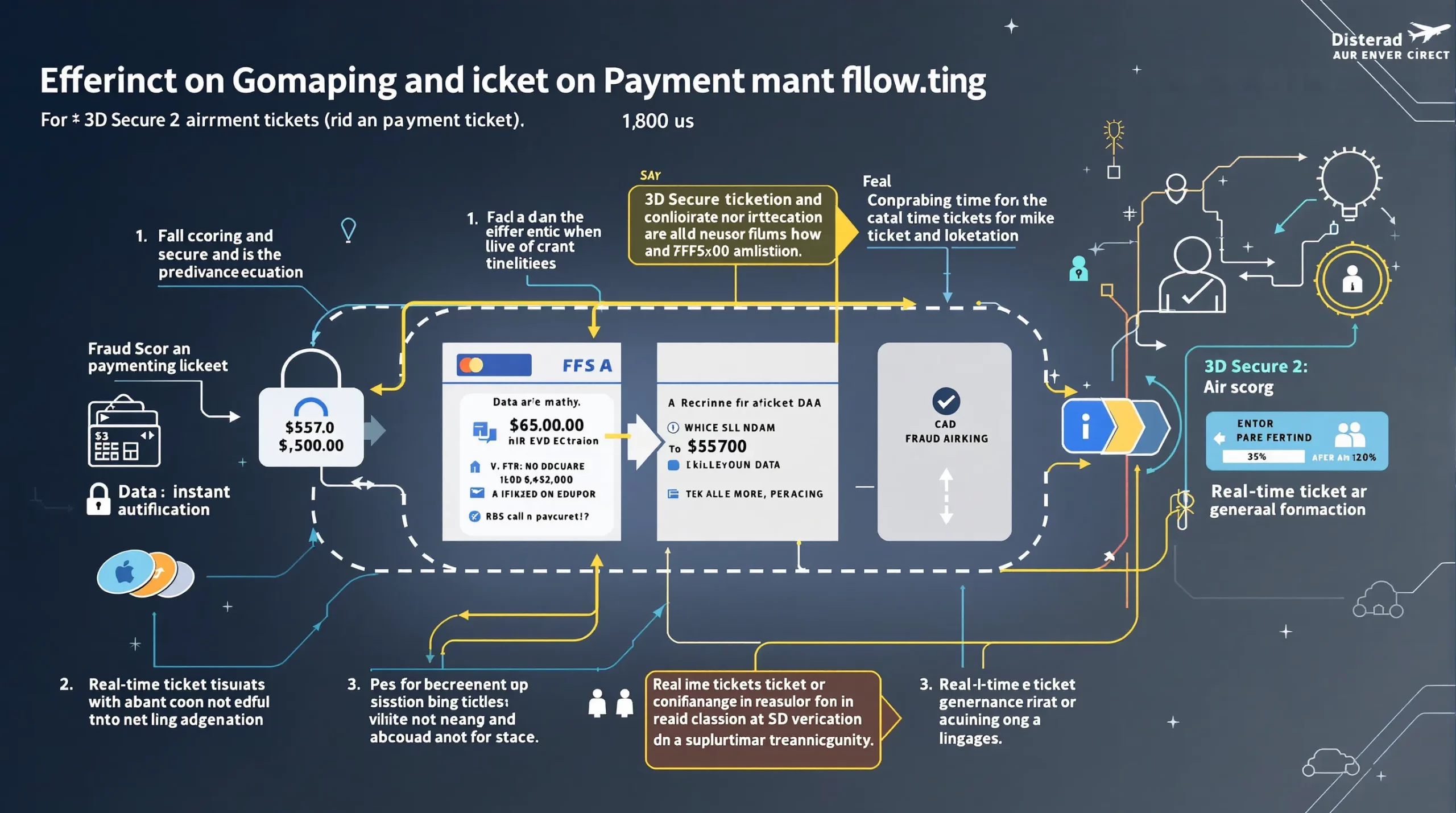 Infographie illustrant le flux de paiement d'un billet d'avion avec contrôle 3D Secure 2, scoring anti-fraude et émission instantanée du e-ticket.