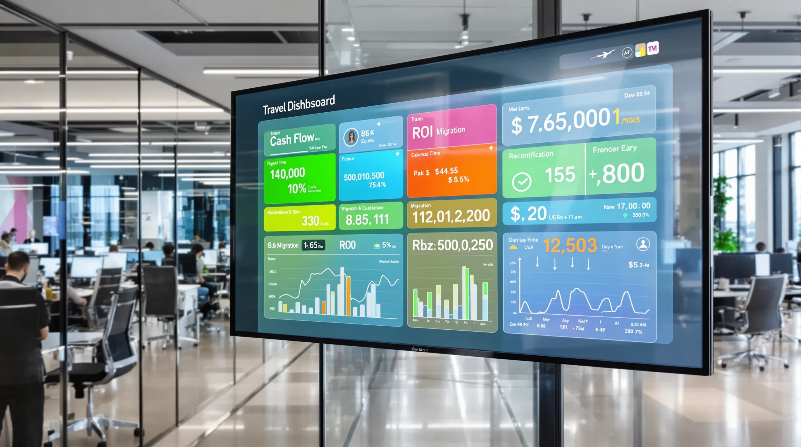 Tableau de bord coloré affichant des indicateurs financiers clés (cashflow, ROI migration, temps de rapprochement) sur un grand écran dans un open-space d’agence de voyages moderne.