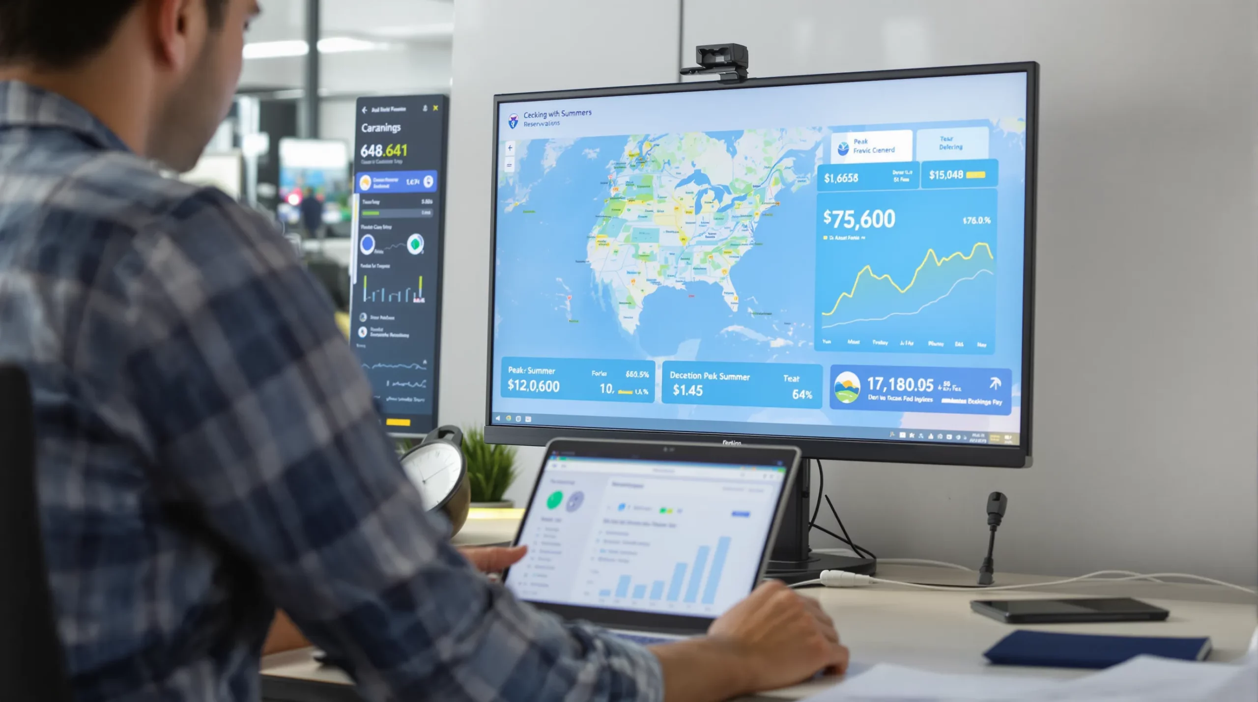 Un agent de voyages ajuste en temps réel les plafonds d’une carte virtuelle sur l’écran d’un ordinateur, tandis qu’en arrière-plan on voit un tableau de bord de trésorerie affichant le pic de réservations estivales.