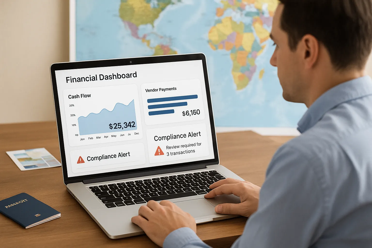 Un agent de voyages consulte un tableau de bord financier sur un ordinateur portable, montrant des graphiques de trésorerie, des paiements fournisseurs et des alertes de conformité.