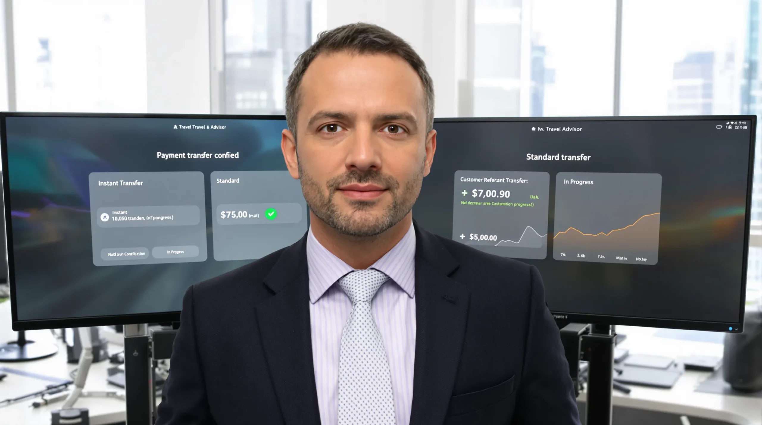 Un conseiller voyage devant deux écrans affiche une interface de paiement : à gauche un virement instantané validé, à droite un virement classique « en attente ». Des graphiques de rétention client se superposent.