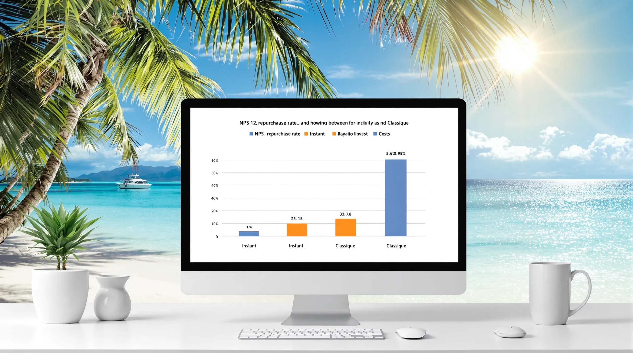 Un graphique en barres compare NPS, taux de réachat et coûts entre Instant et Classique pour une agence de voyage, devant un fond illustrant une destination tropicale.