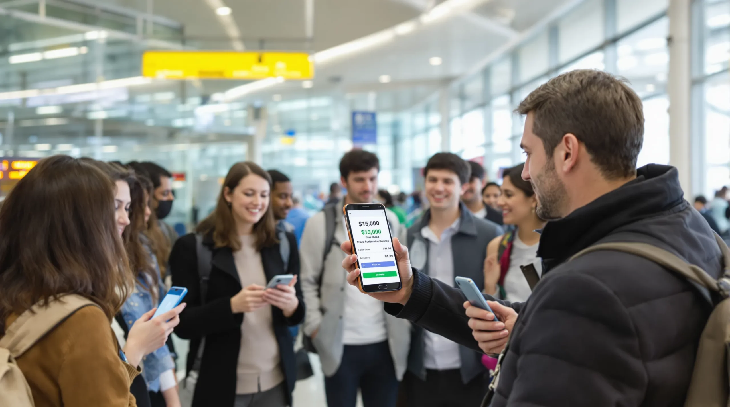 Un groupe de voyageurs debout dans un hall d’aéroport suit les indications d’un accompagnateur tenant un smartphone affichant le solde d’une cagnotte partagée, tandis que chaque participant reçoit une notification sur son propre téléphone.