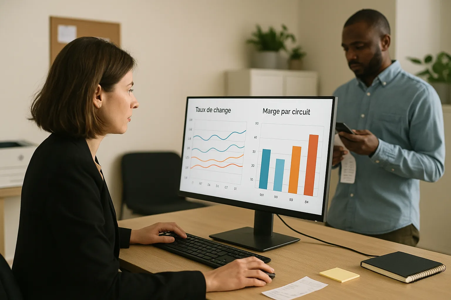 Une responsable d’agence consulte sur son ordinateur un tableau de bord affichant des courbes de taux de change et la marge par circuit, tandis qu’un collègue scanne des reçus avec son smartphone.