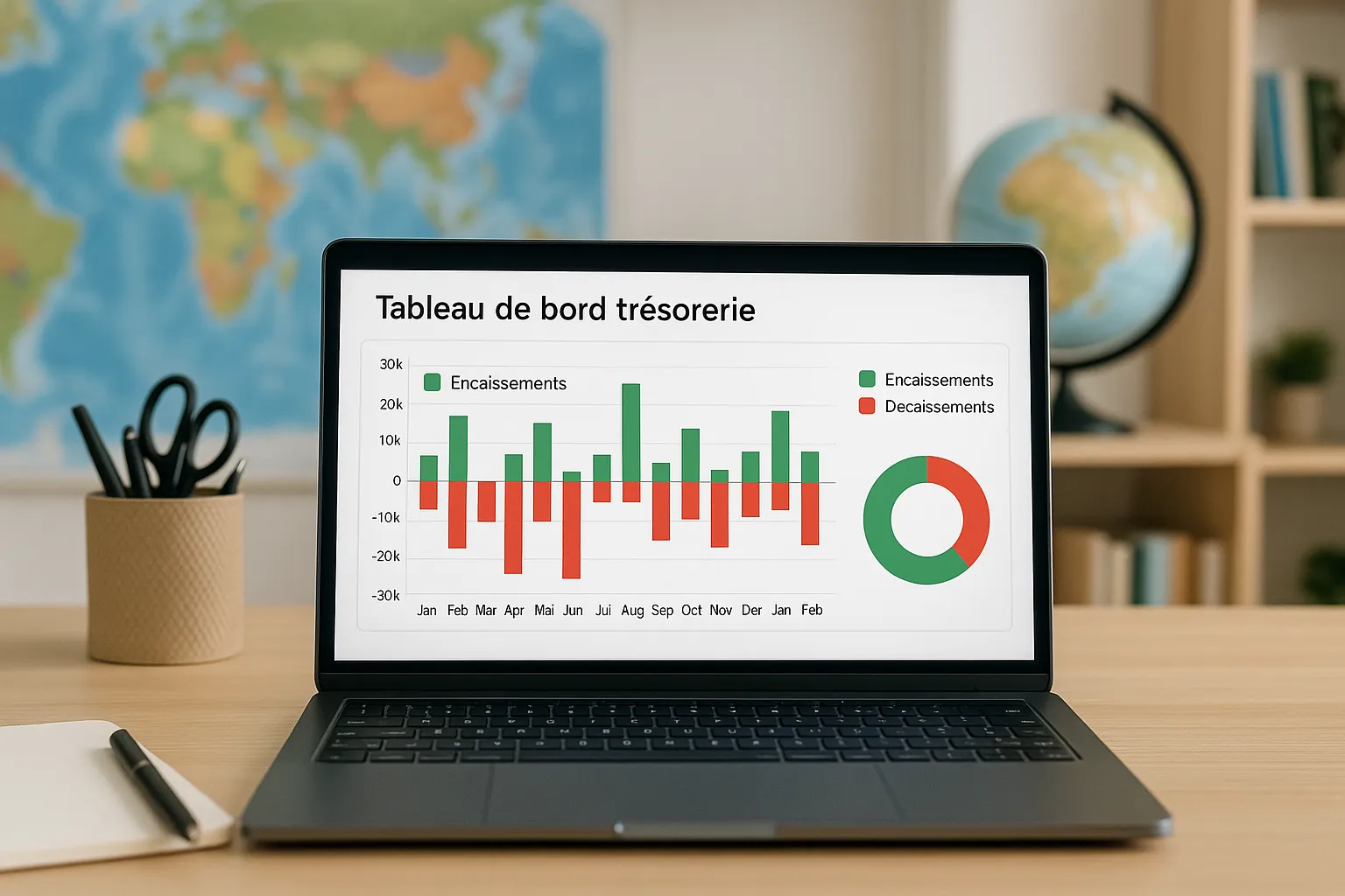 Visuel : capture d’un tableau de bord trésorerie coloré, avec des barres vertes pour les encaissements et rouges pour les décaissements, affiché sur l’écran d’un ordinateur portable posé sur un bureau d’agence de voyage.