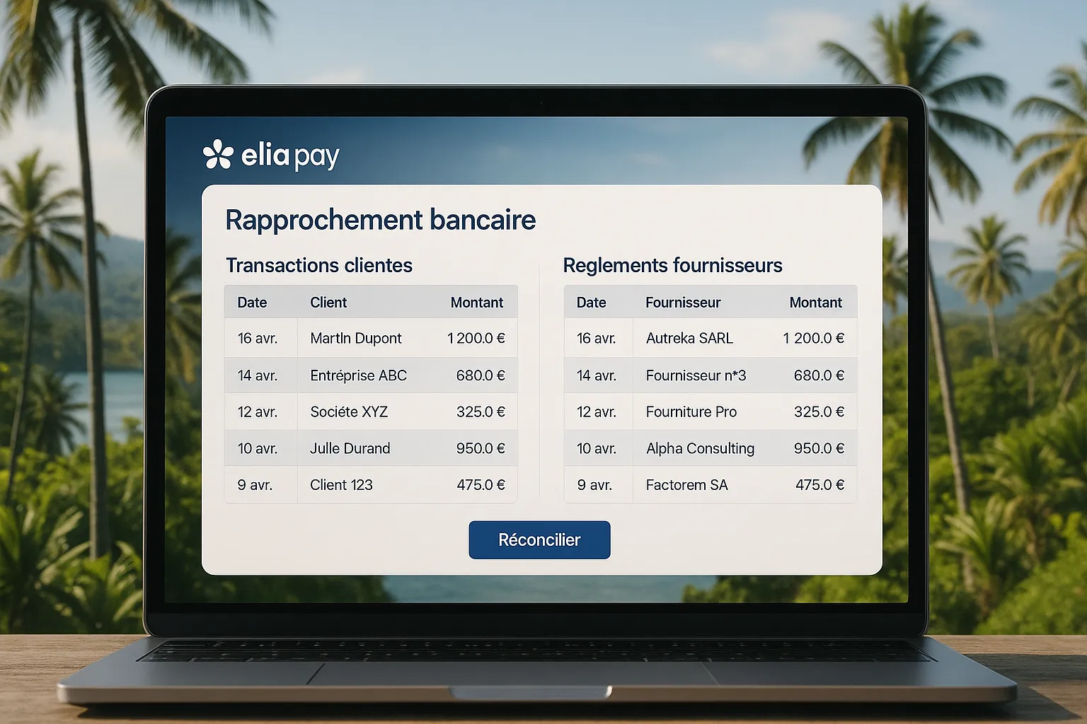 Capture stylisée de la plateforme Elia Pay affichant un tableau de rapprochement bancaire, avec des transactions clientes à gauche et des règlements fournisseurs à droite, le tout sur fond de paysage tropical.