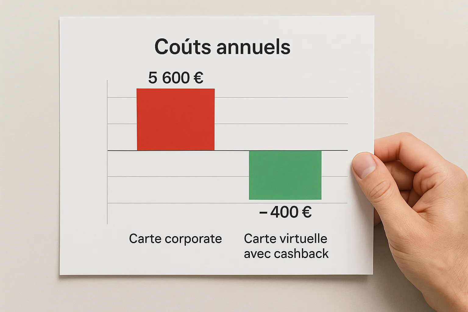 Graphique à barres comparant les coûts annuels d'une carte corporate (5 600 €) et d'une carte virtuelle avec cashback (-400 €). La barre corporate est rouge et dépasse largement la ligne zéro, la barre virtuelle est verte sous la ligne zéro pour illustrer l'économie.