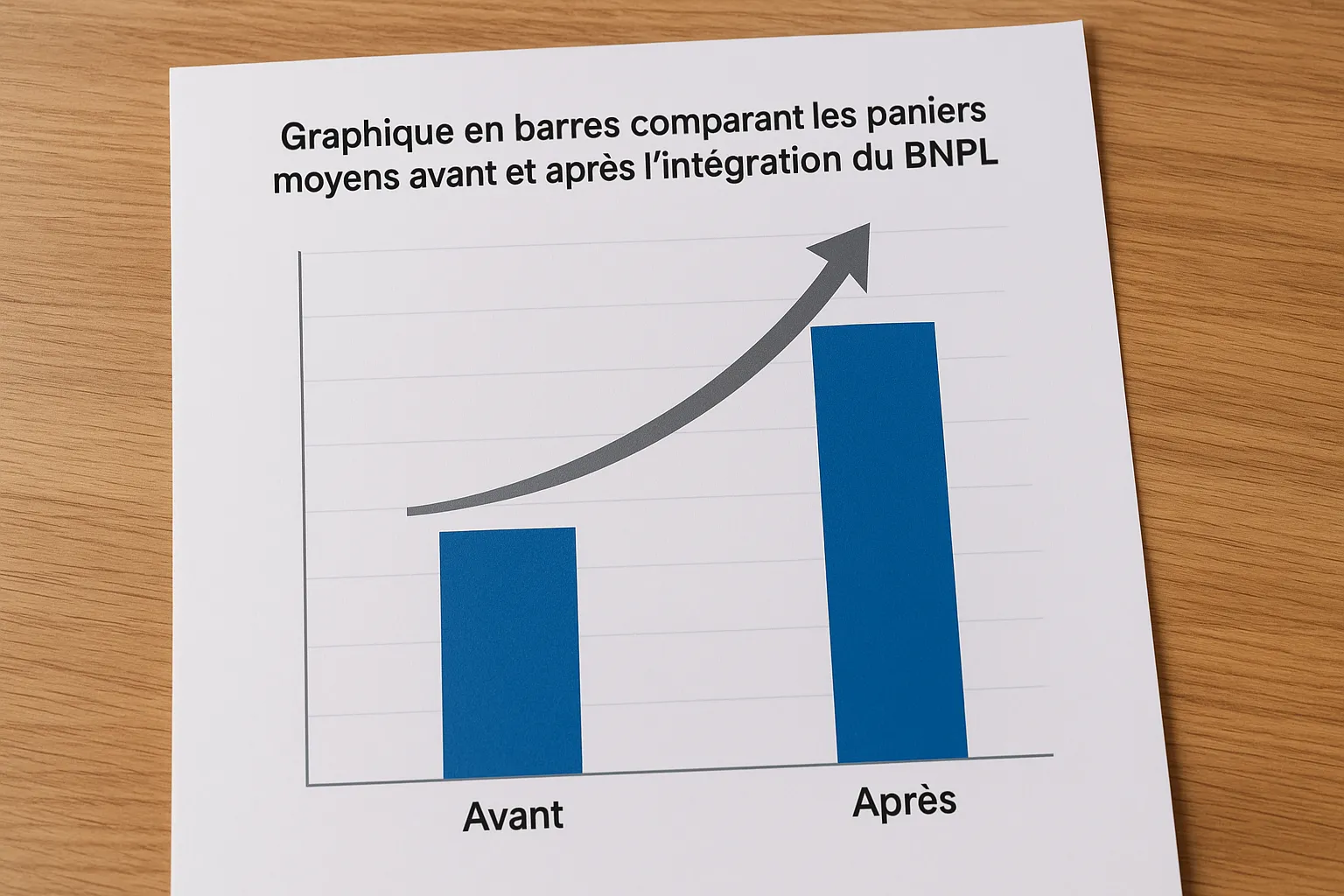 Graphique en barres comparant les paniers moyens avant et après l’intégration du BNPL, avec une flèche ascendante signalant la croissance.