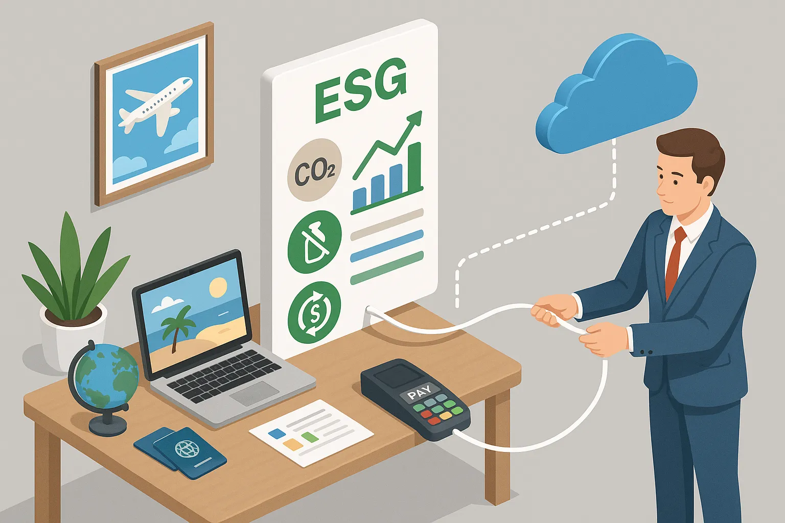 Illustration isométrique d’une agence de voyages connectant un tableau de bord ESG à une plateforme de paiement cloud, avec pictogrammes carbone, plastique évité et argent réinvesti.