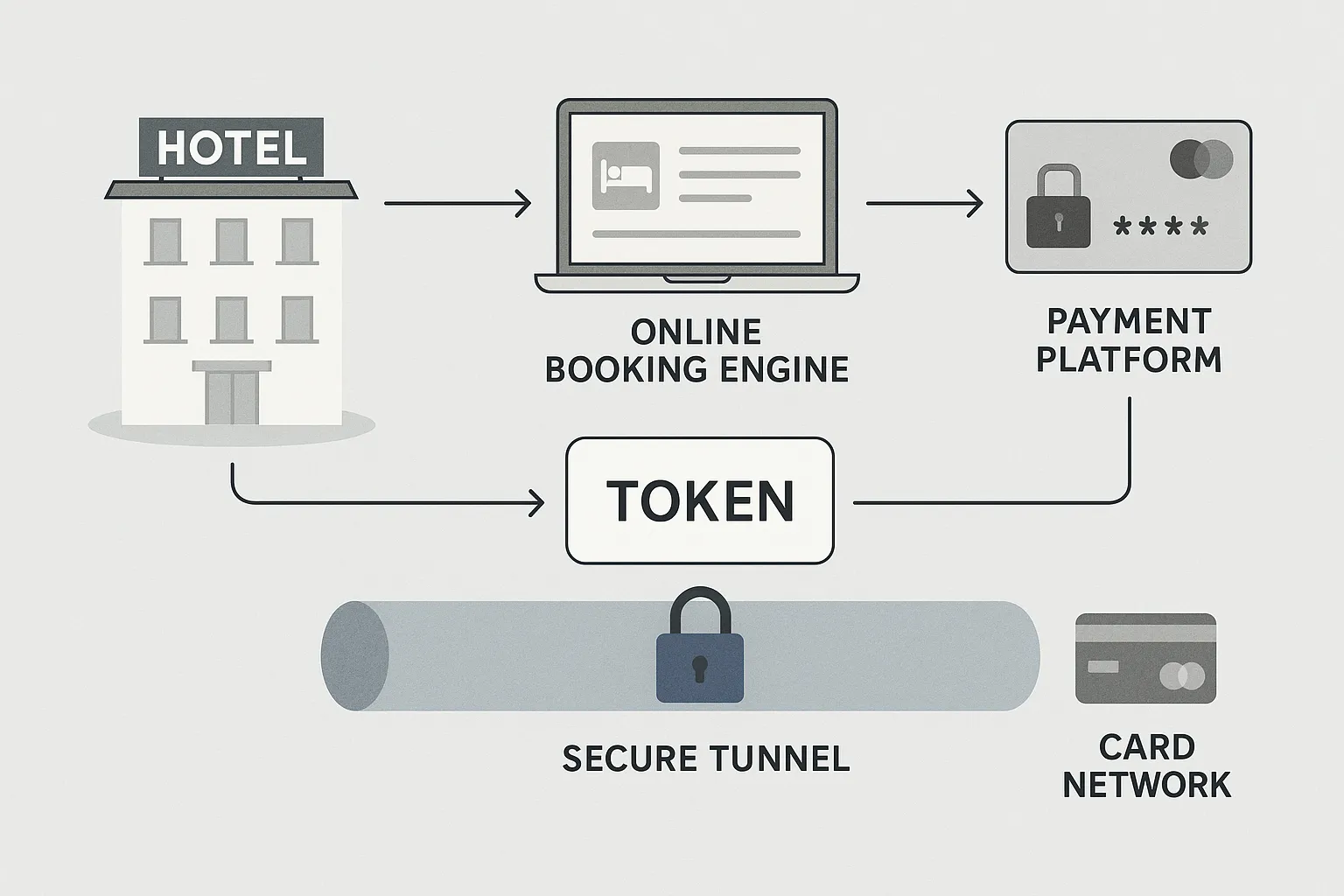 Illustration schématique : un hôtel, un moteur de réservation en ligne et une plateforme de paiement échangent un « token » au lieu d’un numéro de carte. Le token circule dans un tunnel sécurisé tandis que les données réelles restent chiffrées dans le réseau carte.