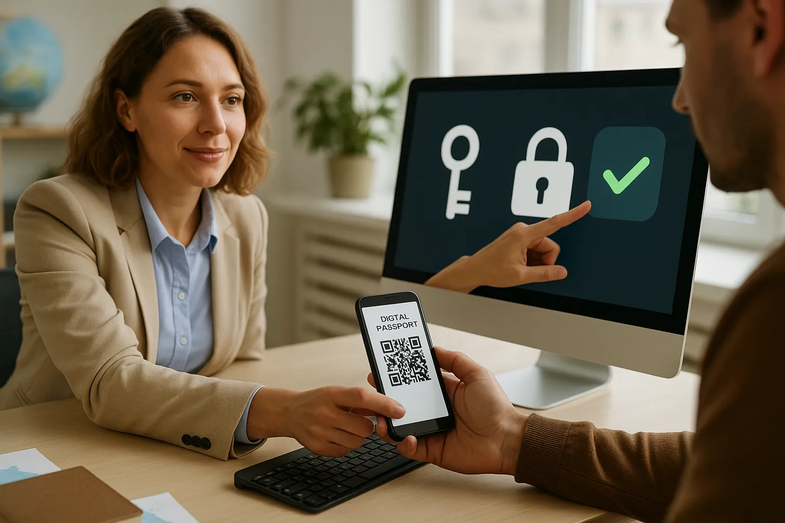 Illustration : une conseillère voyage valide un bloc sur un écran affichant des icônes de clé et de cadenas, tandis qu’un client scanne un QR code pour partager son passeport numérique.