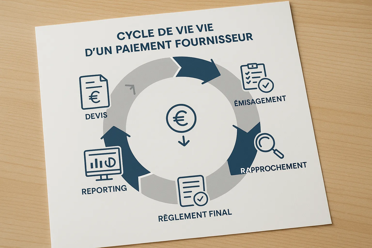 Infographie circulaire illustrant les six étapes du cycle de vie d’un paiement fournisseur (devis, engagement, émission d’acompte, rapprochement, règlement final, reporting) avec des icônes dédiées et des flèches indiquant le sens chronologique.