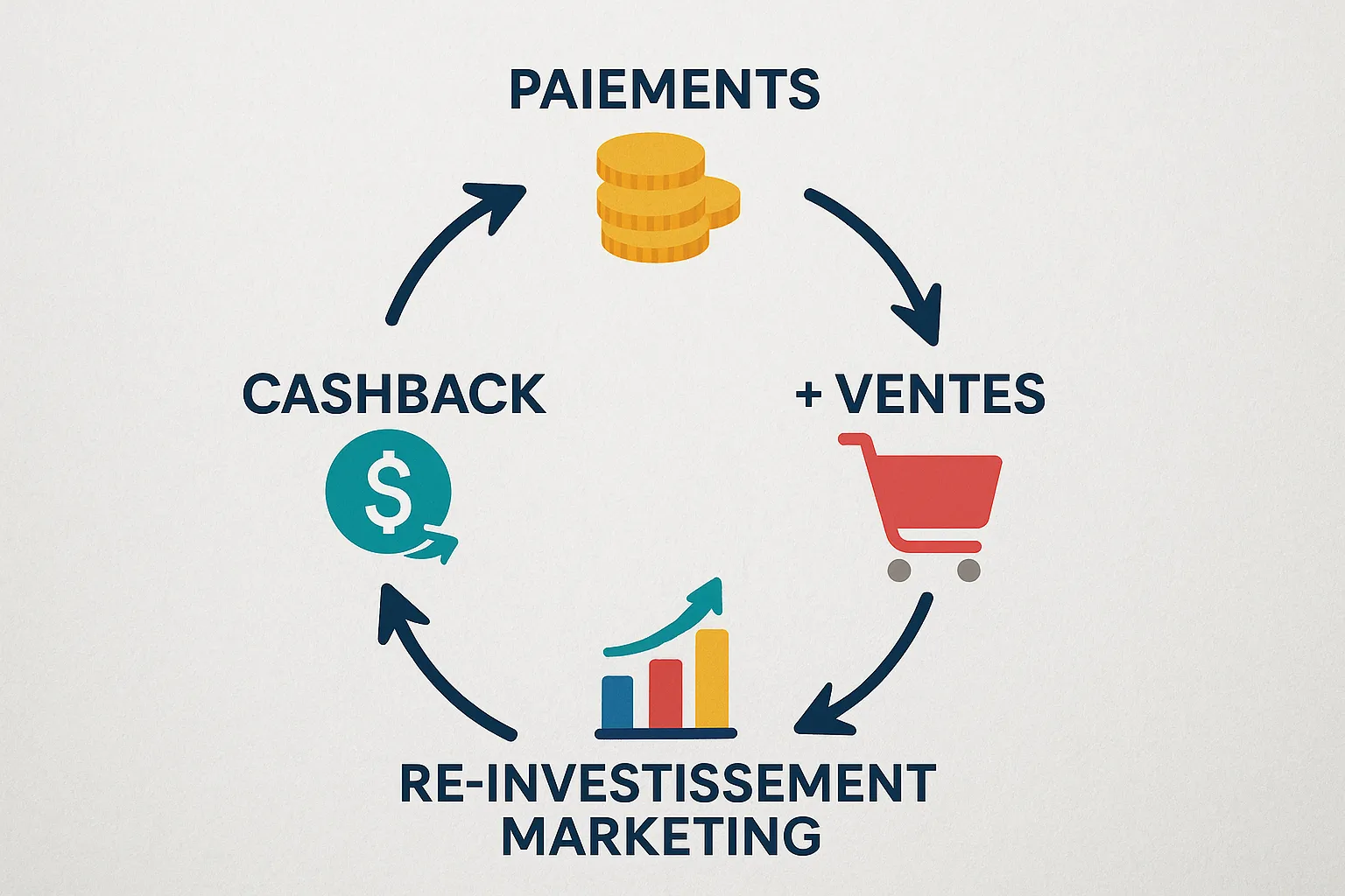 Infographie illustrant la boucle vertueuse : Paiements → Cashback → Re-investissement Marketing → +Ventes → +Paiements.