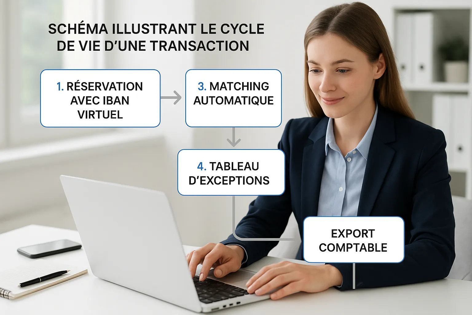 Schéma illustrant le cycle de vie d’une transaction : réservation avec IBAN virtuel, captation temps réel via API, matching automatique, tableau d’exceptions, export comptable.