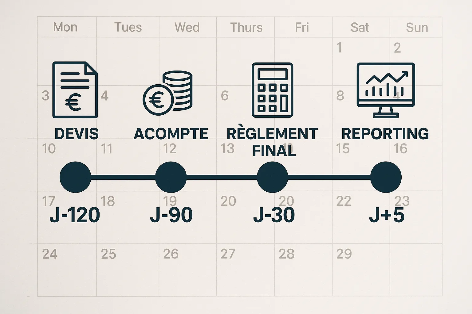 Schéma linéaire illustrant la chronologie (J-120 devis, J-90 acompte, J-30 règlement final, J+5 reporting) et des points de contrôle financier, le tout sur fond de calendrier simplifié.