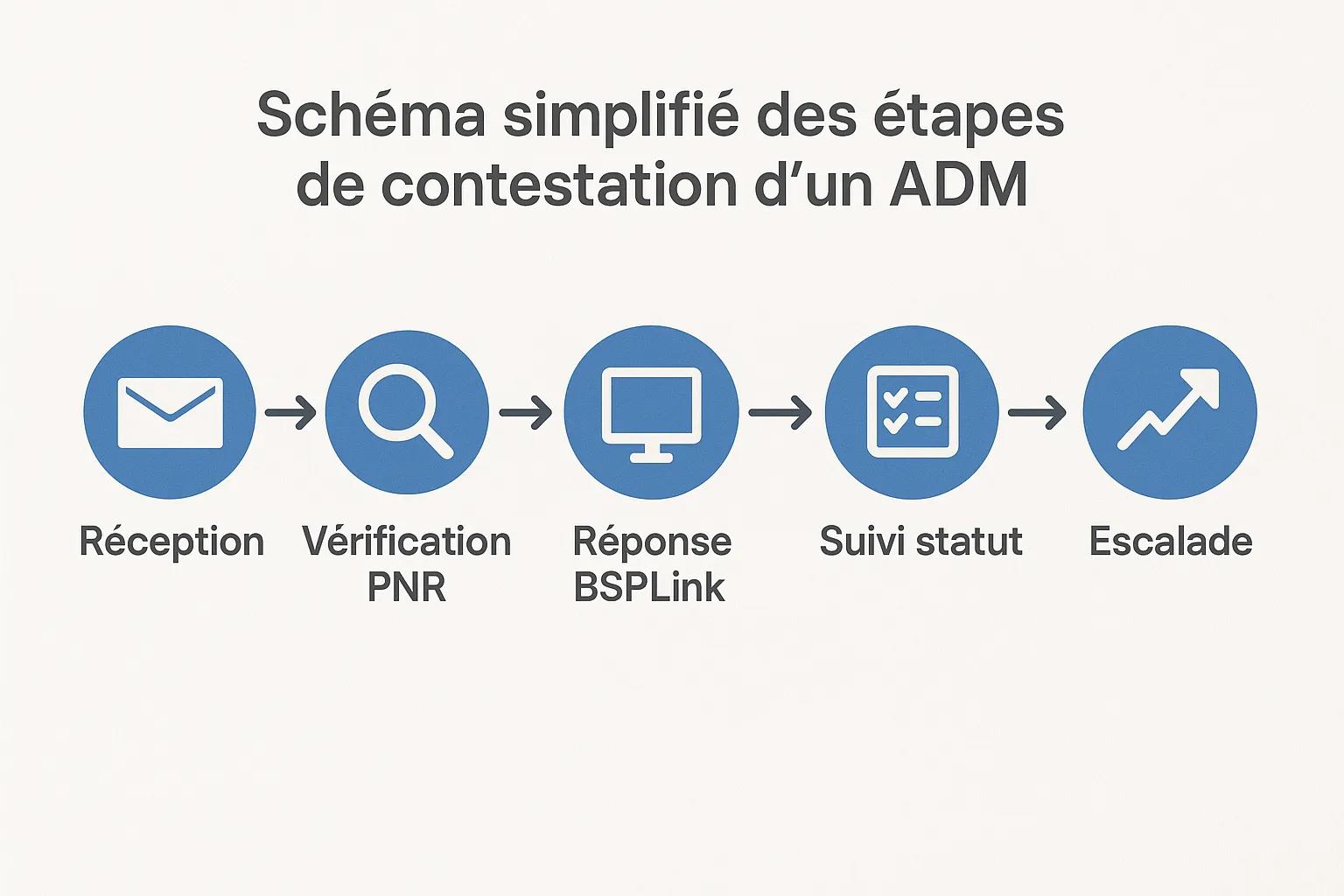 Schéma simplifié des étapes de contestation d'un ADM : réception, vérification PNR, réponse BSPLink, suivi statut, escalade.