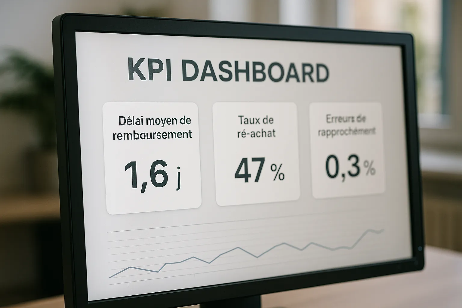 Tableau de bord affichant trois KPI : délai moyen de remboursement 1,6 j, taux de ré-achat 47 %, erreurs de rapprochement 0,3 %.