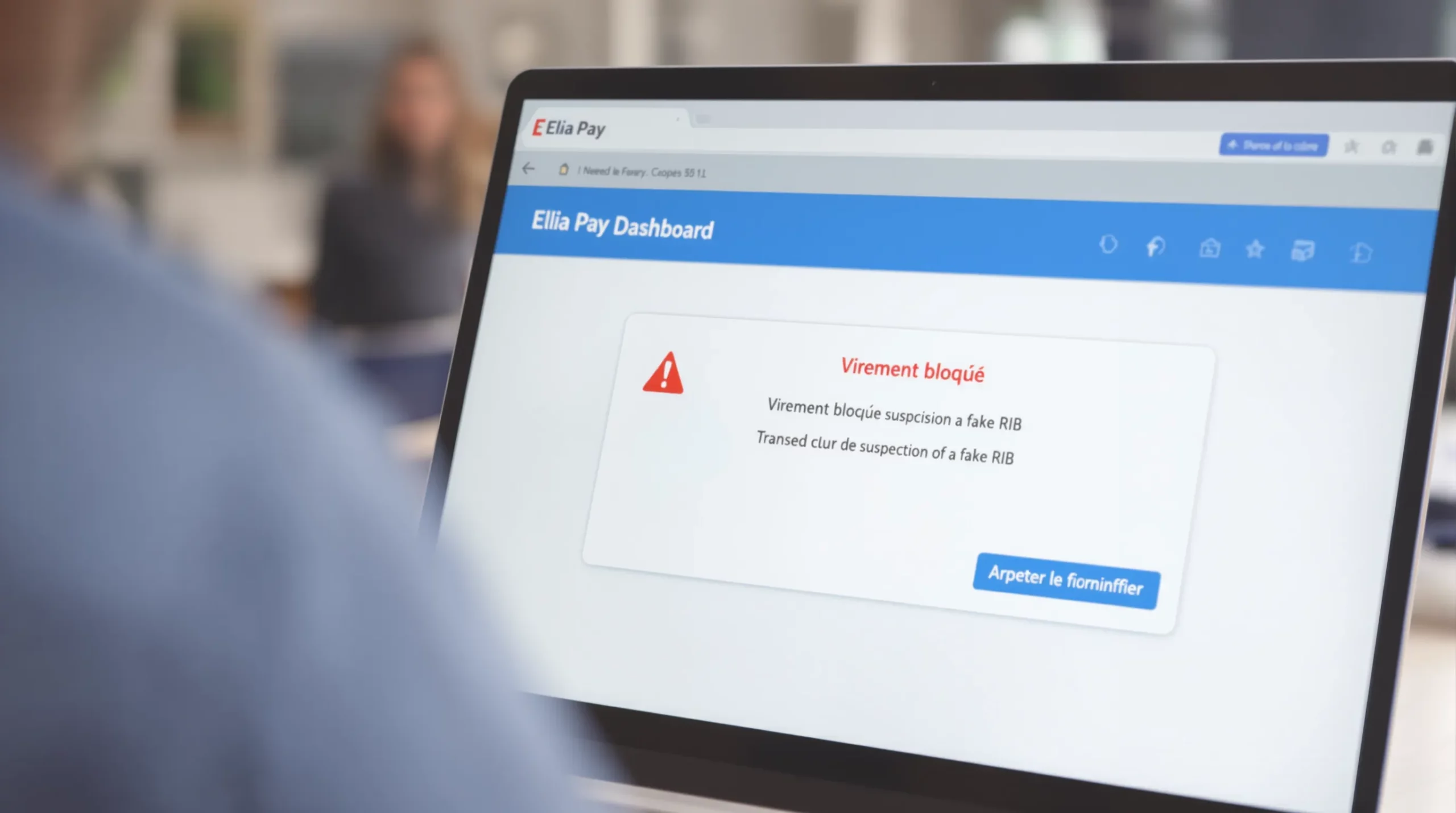 Tableau de bord Elia Pay affichant un virement bloqué pour suspicion de faux RIB, avec un bouton 