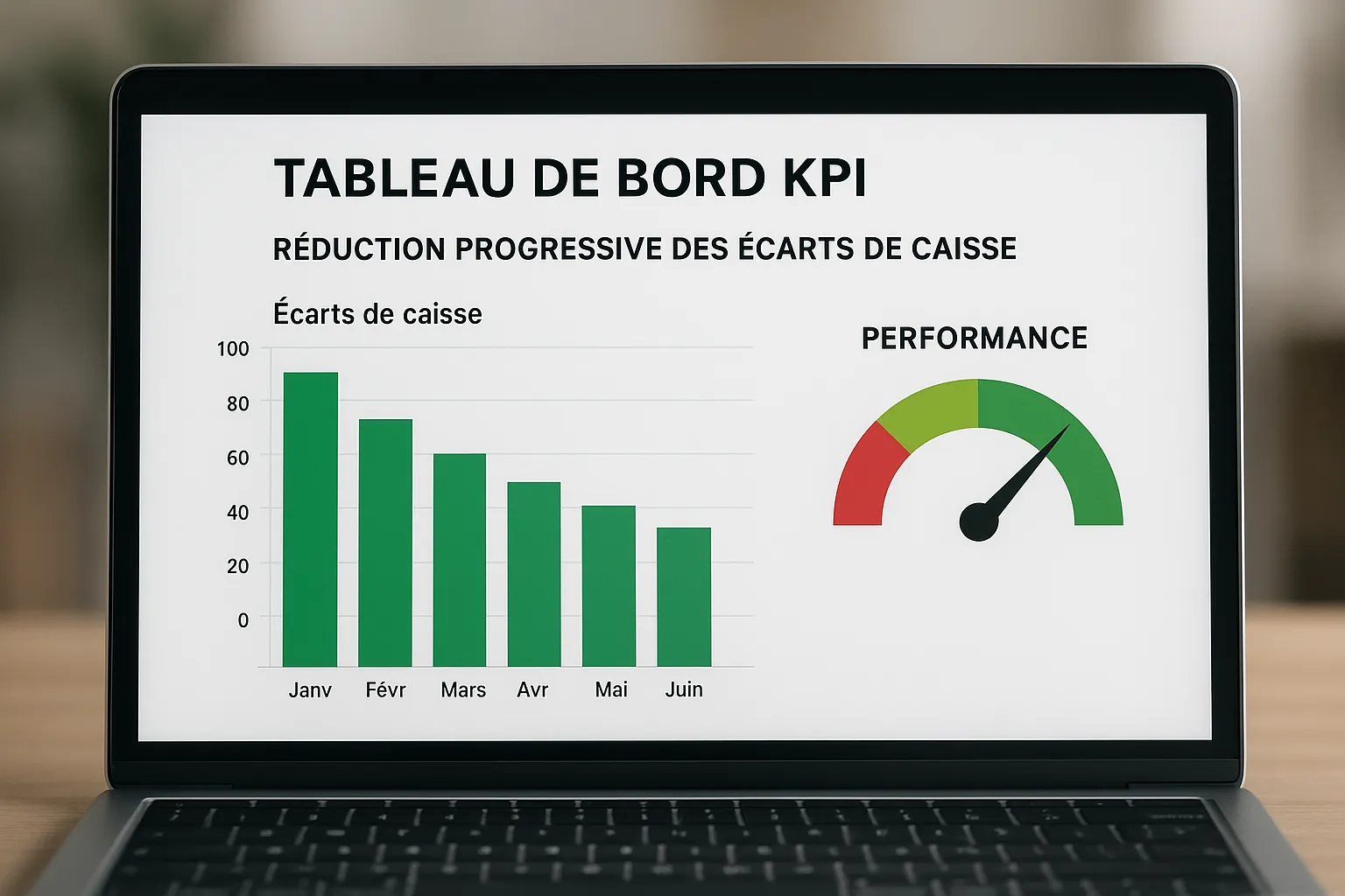 Tableau de bord KPI affichant en vert la réduction progressive des écarts de caisse sur six mois, accompagné de graphiques en barres et d’une jauge de performance.